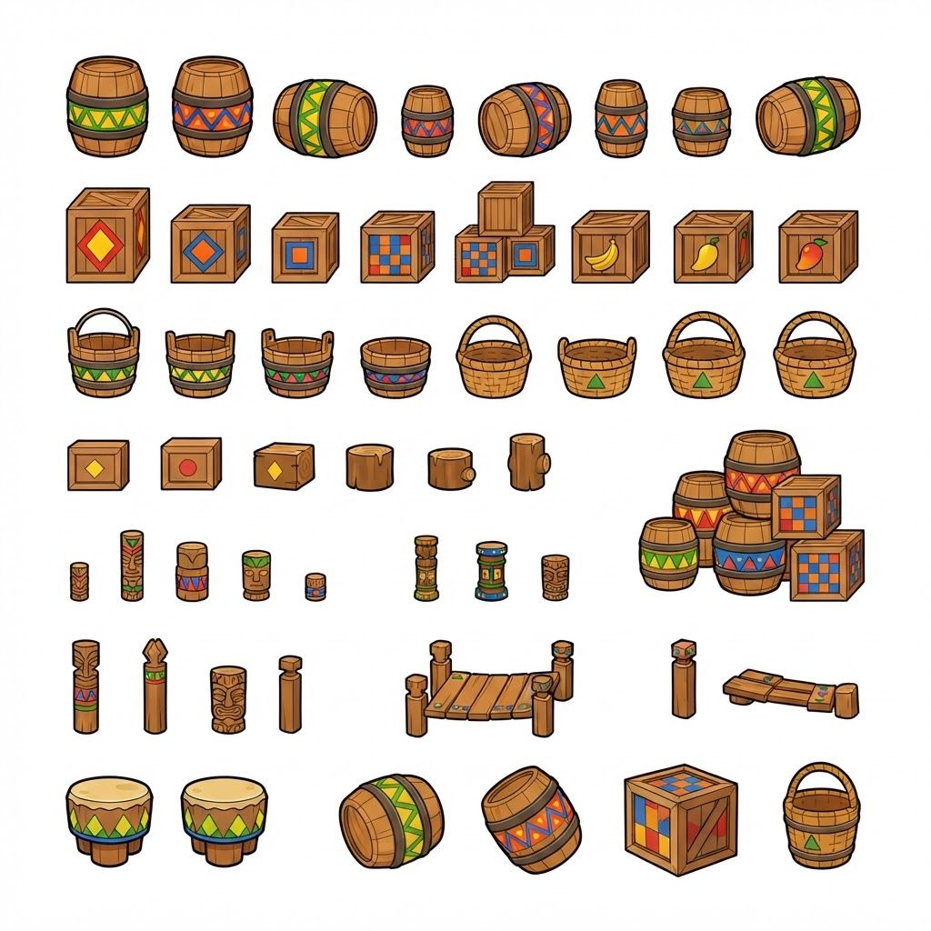 AI Design for Absolutely 😭 No image—just the prompt. And I'll keep the exact same design rules we established for the platforms.
ULTIMATE PROMPT — TIKI JUNGLE PROPS
Create a clean game-asset concept sheet for a colorful 3D platformer called Leo & Tiny: Jungle Adventure, showing a collection of Tiki Jungle environmental props on a completely pure white background.
Include only the props, with no characters, no jungle scenery, no environment, no logos, and no text.
The props should follow the exact same visual design language as the game's wooden platforms: simple, colorful, iconic, slightly 3D, playful, and highly readable.
ART STYLE
Bold, thick black cartoon outlines around every object.
Vibrant, simple colors.
Minimal shading.
Slightly dimensional 3D appearance, but NOT realistic.
Clean, polished 2010s-style colorful platformer aesthetic.
Chunky, rounded shapes.
Simple silhouettes that are instantly recognizable during gameplay.
No realistic wood grain.
No hyper-realistic materials.
No excessive reflections, textures, or tiny details.
COLOR PALETTE
Use the same restricted Tiki Jungle palette:
Green, yellow, orange, red, blue, and warm natural wood brown.
Absolutely avoid pink and purple.
The colors should be bright and saturated without glowing.
PROPS TO INCLUDE
Create many variations of:
🪵 Wooden barrels
📦 Wooden crates
🥭 Fruit crates
🪵 Small wooden boxes
🪣 Wooden buckets
🧺 Simple woven baskets
🪧 Small wooden signs
🪵 Stacked crates
🛢️ Large wooden storage barrels
🪵 Short wooden logs used as decorative objects
🗿 Small Tiki-themed decorative objects
🌴 Simple wooden posts
🪵 Wooden bridges/short plank sections
📦 Crates with different geometric markings
🪘 Simple wooden drums
Keep every object simple enough that it could actually be used inside a 3D platformer level.
GEOMETRIC PATTERN LANGUAGE
Use the same geometric Tiki patterns as the platforms.
Decorate the sides of barrels, crates, signs, baskets, and other wooden objects with:
Triangles
Diamonds
Squares
Circles
Zigzags
Checker patterns
Simple stripes
Repeating geometric bands
Use combinations such as:
yellow + green triangles
red + blue triangles
red + yellow diamonds
red + green patterns
yellow + blue squares
orange + blue zigzags
green + orange geometric bands
The patterns should be bold and simple, not intricate tribal artwork.
Some objects should have only one small geometric emblem, while others can have a repeating pattern around their sides.
IMPORTANT
The decorations should not completely cover the objects.
Keep plenty of the natural wooden surface visible.
The props should feel like they belong to the same manufactured set as the colorful wooden platforms.
For example, a crate should immediately look like it belongs beside one of the game's wooden platforms.
COMPOSITION
Arrange approximately 20–30 different props neatly across the white background like a professional game-development asset sheet.
Include:
Individual objects
Small stacked groups
Different barrel sizes
Different crate shapes
A few rotated objects
A few front/three-quarter views
A few top-down-ish views
Leave enough space between every object so each design is clearly visible.
FINAL VISUAL GOAL
The result should look like:
Colorful 3D platformer props + bold cartoon outlines + simple geometric Tiki patterns + vibrant flat colors + minimal shading + clean game-asset presentation.
The props should feel iconic, playful, kid-friendly, and immediately readable, matching the Leo & Tiny Tiki Jungle platform designs.
NO pink. NO purple. NO characters. NO scenery. NO realistic textures. NO hyper-realism. NO excessive detail. NO complicated patterns. NO text. Use the prompt bars imagery as inspiration for the patterns of the barrels crates and such