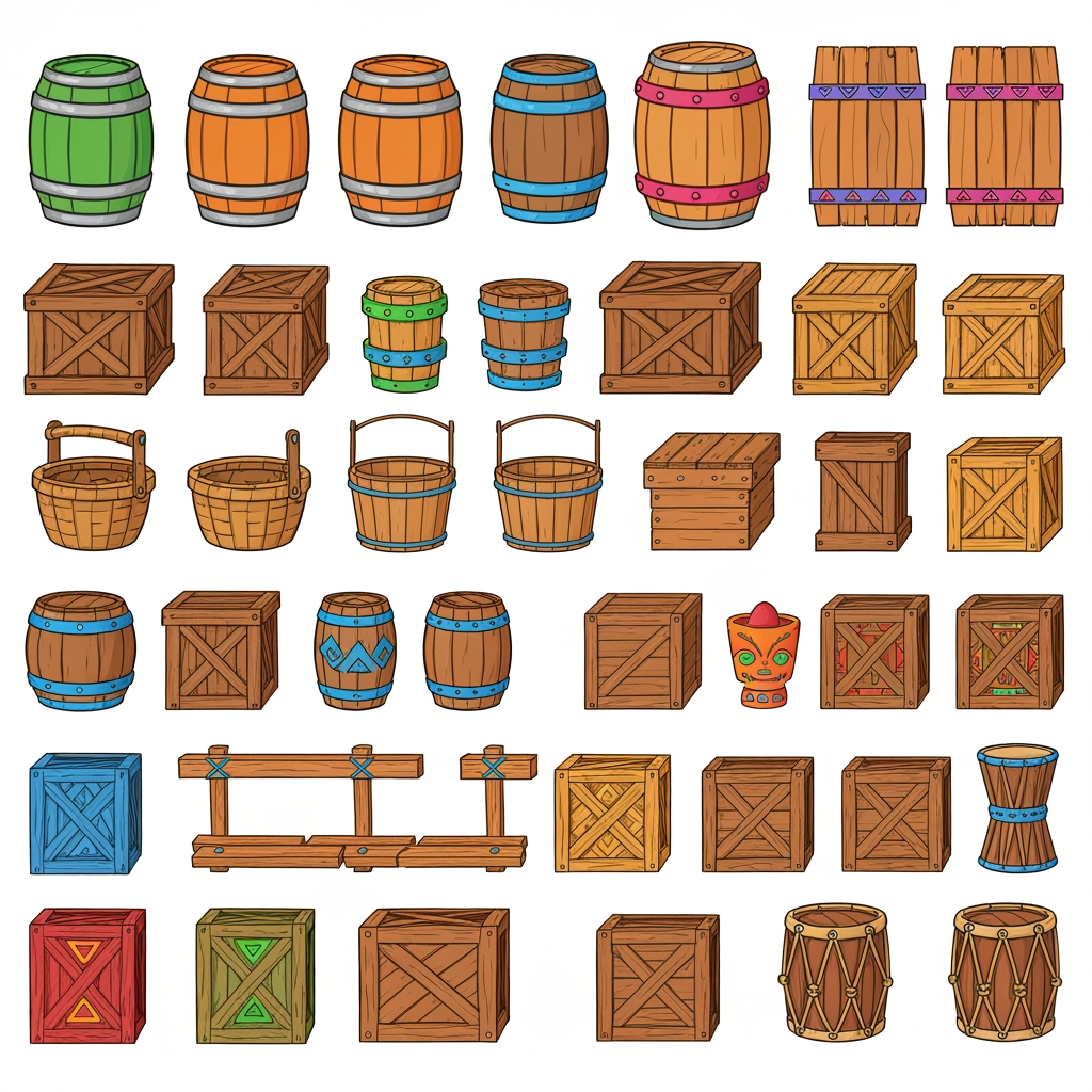 AI Design for Absolutely 😭 No image—just the prompt. And I'll keep the exact same design rules we established for the platforms.
ULTIMATE PROMPT — TIKI JUNGLE PROPS
Create a clean game-asset concept sheet for a colorful 3D platformer called Leo & Tiny: Jungle Adventure, showing a collection of Tiki Jungle environmental props on a completely pure white background.
Include only the props, with no characters, no jungle scenery, no environment, no logos, and no text.
The props should follow the exact same visual design language as the game's wooden platforms: simple, colorful, iconic, slightly 3D, playful, and highly readable.
ART STYLE
Bold, thick black cartoon outlines around every object.
Vibrant, simple colors.
Minimal shading.
Slightly dimensional 3D appearance, but NOT realistic.
Clean, polished 2010s-style colorful platformer aesthetic.
Chunky, rounded shapes.
Simple silhouettes that are instantly recognizable during gameplay.
No realistic wood grain.
No hyper-realistic materials.
No excessive reflections, textures, or tiny details.
COLOR PALETTE
Use the same restricted Tiki Jungle palette:
Green, yellow, orange, red, blue, and warm natural wood brown.
Absolutely avoid pink and purple.
The colors should be bright and saturated without glowing.
PROPS TO INCLUDE
Create many variations of:
🪵 Wooden barrels
📦 Wooden crates
🥭 Fruit crates
🪵 Small wooden boxes
🪣 Wooden buckets
🧺 Simple woven baskets
🪧 Small wooden signs
🪵 Stacked crates
🛢️ Large wooden storage barrels
🪵 Short wooden logs used as decorative objects
🗿 Small Tiki-themed decorative objects
🌴 Simple wooden posts
🪵 Wooden bridges/short plank sections
📦 Crates with different geometric markings
🪘 Simple wooden drums
Keep every object simple enough that it could actually be used inside a 3D platformer level.
GEOMETRIC PATTERN LANGUAGE
Use the same geometric Tiki patterns as the platforms.
Decorate the sides of barrels, crates, signs, baskets, and other wooden objects with:
Triangles
Diamonds
Squares
Circles
Zigzags
Checker patterns
Simple stripes
Repeating geometric bands
Use combinations such as:
yellow + green triangles
red + blue triangles
red + yellow diamonds
red + green patterns
yellow + blue squares
orange + blue zigzags
green + orange geometric bands
The patterns should be bold and simple, not intricate tribal artwork.
Some objects should have only one small geometric emblem, while others can have a repeating pattern around their sides.
IMPORTANT
The decorations should not completely cover the objects.
Keep plenty of the natural wooden surface visible.
The props should feel like they belong to the same manufactured set as the colorful wooden platforms.
For example, a crate should immediately look like it belongs beside one of the game's wooden platforms.
COMPOSITION
Arrange approximately 20–30 different props neatly across the white background like a professional game-development asset sheet.
Include:
Individual objects
Small stacked groups
Different barrel sizes
Different crate shapes
A few rotated objects
A few front/three-quarter views
A few top-down-ish views
Leave enough space between every object so each design is clearly visible.
FINAL VISUAL GOAL
The result should look like:
Colorful 3D platformer props + bold cartoon outlines + simple geometric Tiki patterns + vibrant flat colors + minimal shading + clean game-asset presentation.
The props should feel iconic, playful, kid-friendly, and immediately readable, matching the Leo & Tiny Tiki Jungle platform designs.
NO pink. NO purple. NO characters. NO scenery. NO realistic textures. NO hyper-realism. NO excessive detail. NO complicated patterns. NO text.