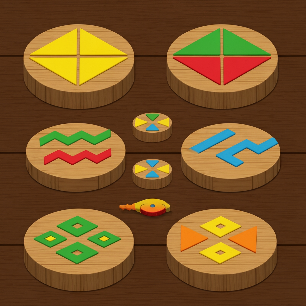 AI Design for Create game like assets for wooden platforms with simple vibrant colors nice textures readable clear distinct and iconic for wooden platforms that have designs that include colored shapes such as yellow triangles green red blue orange triangles squares any shape goind in a oattern zigzag or others off fitting to make nice textures and and I repeat do not include any pink purple magenta and cyan in the patterns make them cool interesting recognizable fun distinct design wooden platforms that look like video game platforms that have patterns in our cool colorful have nice patterns like combinations green yellow and red really featuring Red as the main color so it's still on a wooden plate green yellow as it's accent triangle color and red is simply a line color and orange and then having a blue zigzag everywhere and then having stuff like yellow main and orange squares green red yellow blue red blue orange stuff like that on platforms that are suited have like not crates yet like a platforms yeah you would then have like those you would have the platforms that are kind of more circular they're notlike like tall you're kind of like short in a sense where what I mean by describing short is not too tall they're not very thick so it's from that add those patterns don't include purple pink cyan or colors like so and design some interesting ideas like maybe a longer ones that are kind of like sticks and they have like a center point that spins and a size from that thank you and take your time