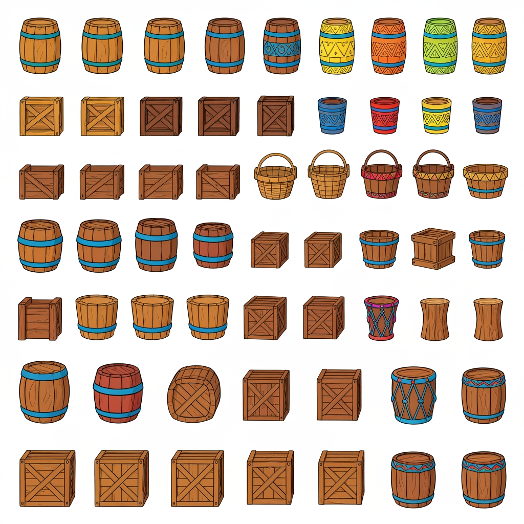 AI Design for Absolutely 😭 No image—just the prompt. And I'll keep the exact same design rules we established for the platforms.
ULTIMATE PROMPT — TIKI JUNGLE PROPS
Create a clean game-asset concept sheet for a colorful 3D platformer called Leo & Tiny: Jungle Adventure, showing a collection of Tiki Jungle environmental props on a completely pure white background.
Include only the props, with no characters, no jungle scenery, no environment, no logos, and no text.
The props should follow the exact same visual design language as the game's wooden platforms: simple, colorful, iconic, slightly 3D, playful, and highly readable.
ART STYLE
Bold, thick black cartoon outlines around every object.
Vibrant, simple colors.
Minimal shading.
Slightly dimensional 3D appearance, but NOT realistic.
Clean, polished 2010s-style colorful platformer aesthetic.
Chunky, rounded shapes.
Simple silhouettes that are instantly recognizable during gameplay.
No realistic wood grain.
No hyper-realistic materials.
No excessive reflections, textures, or tiny details.
COLOR PALETTE
Use the same restricted Tiki Jungle palette:
Green, yellow, orange, red, blue, and warm natural wood brown.
Absolutely avoid pink and purple.
The colors should be bright and saturated without glowing.
PROPS TO INCLUDE
Create many variations of:
🪵 Wooden barrels
📦 Wooden crates
🥭 Fruit crates
🪵 Small wooden boxes
🪣 Wooden buckets
🧺 Simple woven baskets
🪧 Small wooden signs
🪵 Stacked crates
🛢️ Large wooden storage barrels
🪵 Short wooden logs used as decorative objects
🗿 Small Tiki-themed decorative objects
🌴 Simple wooden posts
🪵 Wooden bridges/short plank sections
📦 Crates with different geometric markings
🪘 Simple wooden drums
Keep every object simple enough that it could actually be used inside a 3D platformer level.
GEOMETRIC PATTERN LANGUAGE
Use the same geometric Tiki patterns as the platforms.
Decorate the sides of barrels, crates, signs, baskets, and other wooden objects with:
Triangles
Diamonds
Squares
Circles
Zigzags
Checker patterns
Simple stripes
Repeating geometric bands
Use combinations such as:
yellow + green triangles
red + blue triangles
red + yellow diamonds
red + green patterns
yellow + blue squares
orange + blue zigzags
green + orange geometric bands
The patterns should be bold and simple, not intricate tribal artwork.
Some objects should have only one small geometric emblem, while others can have a repeating pattern around their sides.
IMPORTANT
The decorations should not completely cover the objects.
Keep plenty of the natural wooden surface visible.
The props should feel like they belong to the same manufactured set as the colorful wooden platforms.
For example, a crate should immediately look like it belongs beside one of the game's wooden platforms.
COMPOSITION
Arrange approximately 20–30 different props neatly across the white background like a professional game-development asset sheet.
Include:
Individual objects
Small stacked groups
Different barrel sizes
Different crate shapes
A few rotated objects
A few front/three-quarter views
A few top-down-ish views
Leave enough space between every object so each design is clearly visible.
FINAL VISUAL GOAL
The result should look like:
Colorful 3D platformer props + bold cartoon outlines + simple geometric Tiki patterns + vibrant flat colors + minimal shading + clean game-asset presentation.
The props should feel iconic, playful, kid-friendly, and immediately readable, matching the Leo & Tiny Tiki Jungle platform designs.
NO pink. NO purple. NO characters. NO scenery. NO realistic textures. NO hyper-realism. NO excessive detail. NO complicated patterns. NO text.