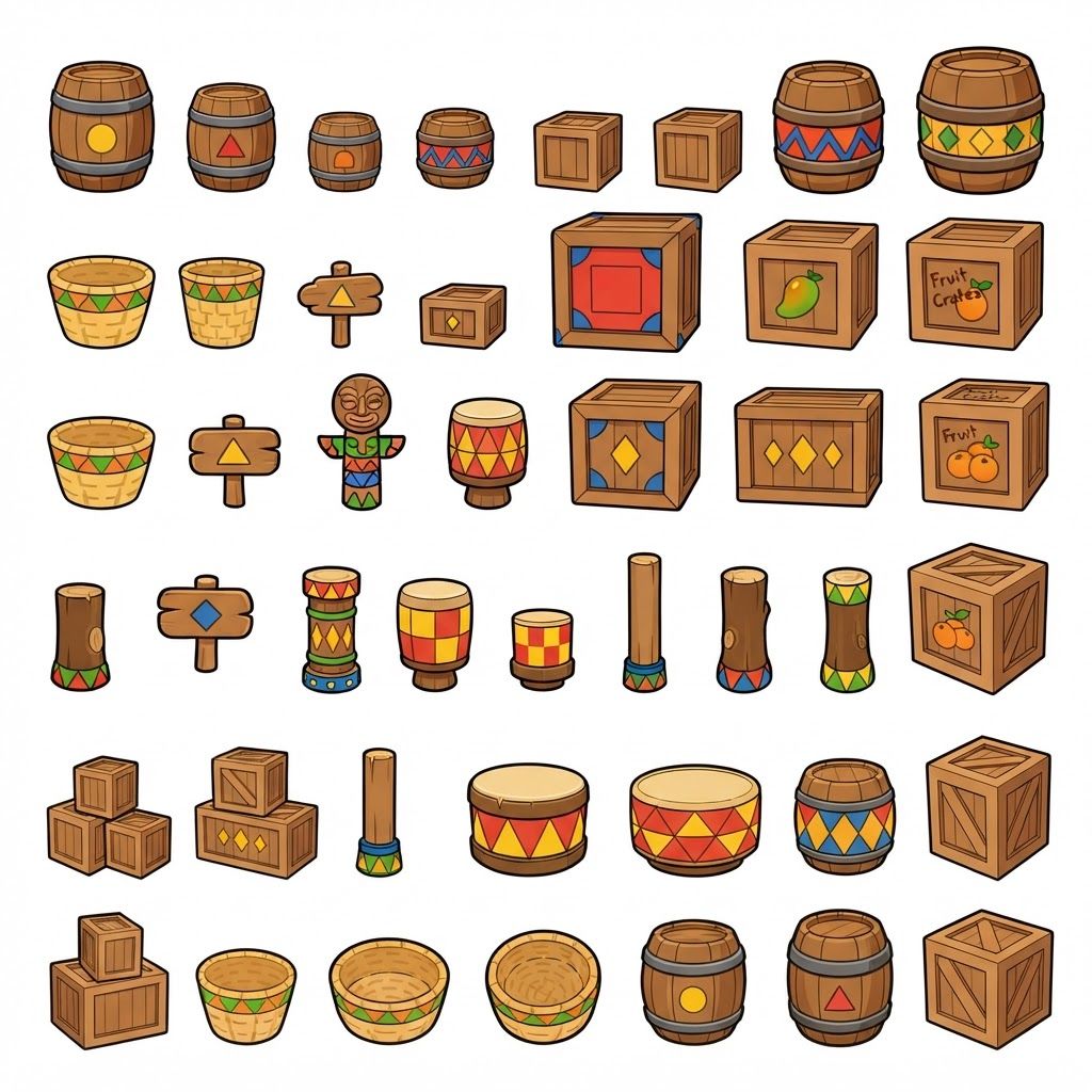 AI Design for Absolutely 😭 No image—just the prompt. And I'll keep the exact same design rules we established for the platforms.
ULTIMATE PROMPT — TIKI JUNGLE PROPS
Create a clean game-asset concept sheet for a colorful 3D platformer called Leo & Tiny: Jungle Adventure, showing a collection of Tiki Jungle environmental props on a completely pure white background.
Include only the props, with no characters, no jungle scenery, no environment, no logos, and no text.
The props should follow the exact same visual design language as the game's wooden platforms: simple, colorful, iconic, slightly 3D, playful, and highly readable.
ART STYLE
Bold, thick black cartoon outlines around every object.
Vibrant, simple colors.
Minimal shading.
Slightly dimensional 3D appearance, but NOT realistic.
Clean, polished 2010s-style colorful platformer aesthetic.
Chunky, rounded shapes.
Simple silhouettes that are instantly recognizable during gameplay.
No realistic wood grain.
No hyper-realistic materials.
No excessive reflections, textures, or tiny details.
COLOR PALETTE
Use the same restricted Tiki Jungle palette:
Green, yellow, orange, red, blue, and warm natural wood brown.
Absolutely avoid pink and purple.
The colors should be bright and saturated without glowing.
PROPS TO INCLUDE
Create many variations of:
🪵 Wooden barrels
📦 Wooden crates
🥭 Fruit crates
🪵 Small wooden boxes
🪣 Wooden buckets
🧺 Simple woven baskets
🪧 Small wooden signs
🪵 Stacked crates
🛢️ Large wooden storage barrels
🪵 Short wooden logs used as decorative objects
🗿 Small Tiki-themed decorative objects
🌴 Simple wooden posts
🪵 Wooden bridges/short plank sections
📦 Crates with different geometric markings
🪘 Simple wooden drums
Keep every object simple enough that it could actually be used inside a 3D platformer level.
GEOMETRIC PATTERN LANGUAGE
Use the same geometric Tiki patterns as the platforms.
Decorate the sides of barrels, crates, signs, baskets, and other wooden objects with:
Triangles
Diamonds
Squares
Circles
Zigzags
Checker patterns
Simple stripes
Repeating geometric bands
Use combinations such as:
yellow + green triangles
red + blue triangles
red + yellow diamonds
red + green patterns
yellow + blue squares
orange + blue zigzags
green + orange geometric bands
The patterns should be bold and simple, not intricate tribal artwork.
Some objects should have only one small geometric emblem, while others can have a repeating pattern around their sides.
IMPORTANT
The decorations should not completely cover the objects.
Keep plenty of the natural wooden surface visible.
The props should feel like they belong to the same manufactured set as the colorful wooden platforms.
For example, a crate should immediately look like it belongs beside one of the game's wooden platforms.
COMPOSITION
Arrange approximately 20–30 different props neatly across the white background like a professional game-development asset sheet.
Include:
Individual objects
Small stacked groups
Different barrel sizes
Different crate shapes
A few rotated objects
A few front/three-quarter views
A few top-down-ish views
Leave enough space between every object so each design is clearly visible.
FINAL VISUAL GOAL
The result should look like:
Colorful 3D platformer props + bold cartoon outlines + simple geometric Tiki patterns + vibrant flat colors + minimal shading + clean game-asset presentation.
The props should feel iconic, playful, kid-friendly, and immediately readable, matching the Leo & Tiny Tiki Jungle platform designs.
NO pink. NO purple. NO characters. NO scenery. NO realistic textures. NO hyper-realism. NO excessive detail. NO complicated patterns. NO text.