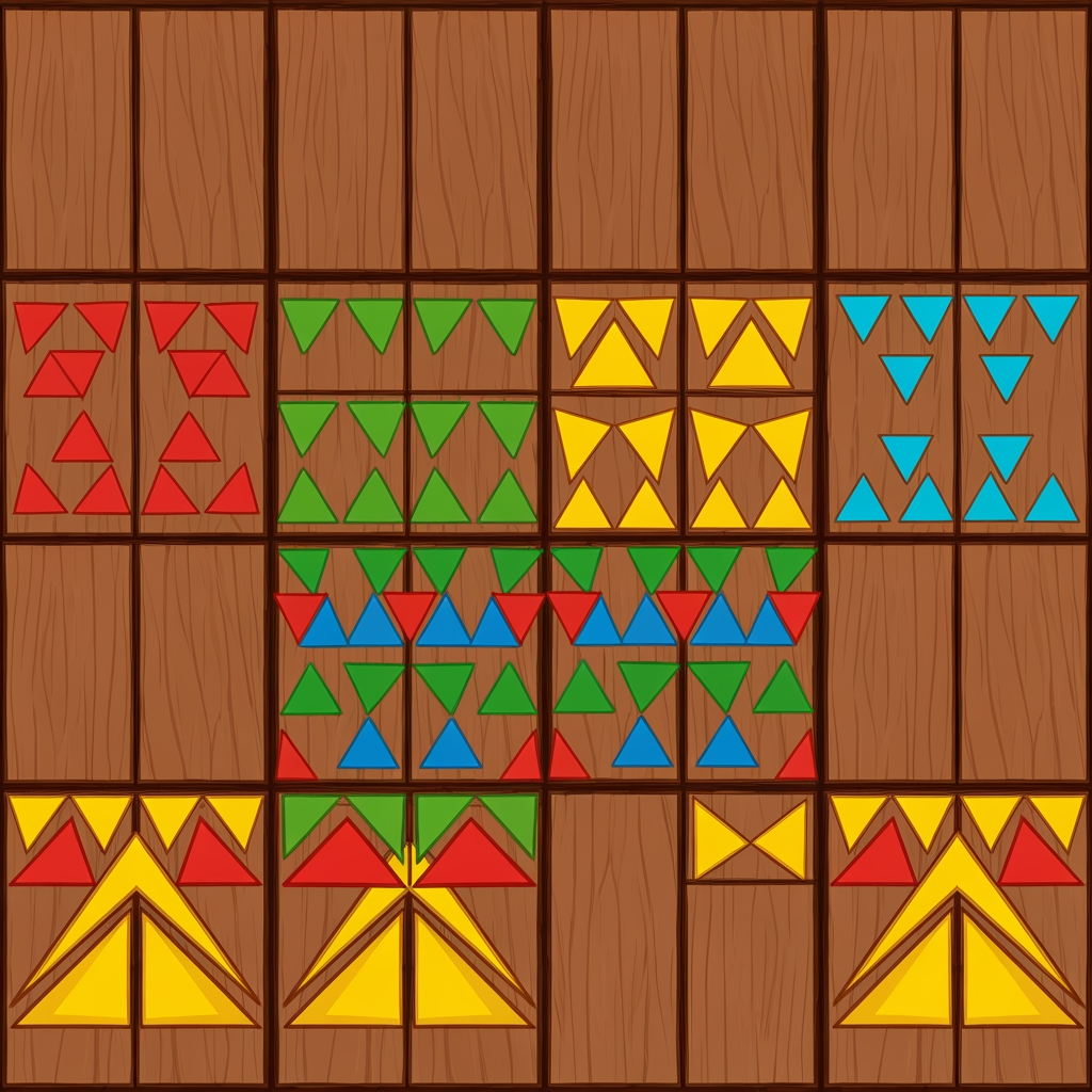 AI Design for Create game like assets for wooden platforms with simple vibrant colors nice textures readable clear distinct and iconic for wooden platforms that have designs that include colored shapes such as yellow triangles green red blue orange triangles squares any shape goind in a oattern zigzag or others off fitting to make nice textures and and I repeat do not include any pink purple magenta and cyan in the patterns make them cool interesting recognizable fun distinct