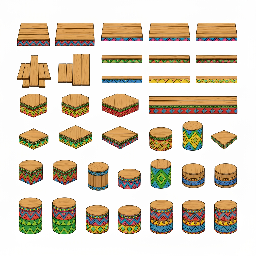 AI Design for Absolutely. Here’s a copy-paste ultimate prompt aimed specifically at getting the platform designs you’ve been describing:


---

ULTIMATE PROMPT

Create a clean character-game-asset concept sheet for a colorful 3D platformer called Leo & Tiny: Jungle Adventure.

The image should contain ONLY wooden Tiki-jungle platform designs on a pure white background. No characters, no jungle background, no scenery, no logos, no text, no environment.

The platforms should look like simple, iconic 2010s-era colorful platformer assets: playful, approachable, chunky, readable, and slightly 3D, but NOT photorealistic and NOT hyper-realistic.

ART STYLE

Bold, thick black cartoon outlines around every platform and geometric shape.

Flat, vibrant colors.

Very minimal shading.

Simple, clean 3D forms.

Slightly polished 3D game-art appearance while retaining a cartoon/vector-like aesthetic.

Strong silhouettes that would be instantly recognizable during gameplay.

No complicated textures.

No realistic wood grain.

No excessive highlights, reflections, or realistic materials.

Keep everything visually simple and game-ready.


PLATFORM DESIGNS

Create many different platform variants, arranged neatly like a game asset sheet.

Include:

Large rectangular wooden platforms.

Small rectangular platforms.

Long thin platforms.

Wide square platforms.

Circular wooden platforms.

Hexagonal platforms.

Triangular platforms.

Small pedestal platforms.

Tall cylindrical wooden pillars.

Short cylindrical platforms.

Rotating platforms.

Platforms with different thicknesses.

A few unusual geometric shapes while keeping everything simple.


The top surfaces should mostly be plain wooden planks, while the sides contain the colorful decorative patterns.

COLOR PALETTE

Use a restricted, consistent palette of:

Green, yellow, orange, red, blue, and natural warm wood brown.

Do NOT use:

Pink

Purple

Magenta

Neon pink

Purple decorations


The colors should be bright and vibrant, but not glowing.

PATTERN LANGUAGE

Decorate the platform sides with simple repeating geometric Tiki-inspired patterns.

Use combinations of:

Triangles

Diamonds

Squares

Zigzags

Horizontal stripes

Checker patterns

Simple geometric bands

Small circles

Repeating arrow shapes


Examples:

Green + yellow triangles

Orange + red diamonds

Blue + yellow squares

Green + orange zigzags

Red + yellow geometric bands

Blue + orange geometric patterns

Green + red + yellow repeating motifs


Also include small geometric symbols on some platform tops, such as a single triangle, diamond, square, circle, or simple emblem. Keep these symbols large, clean, and easy to recognize.

IMPORTANT DESIGN RULE

The patterns should not cover the entire platform.

Keep the wooden top mostly clean and use the colorful patterns primarily around the edges and sides. The decorations should make each platform recognizable without becoming visually noisy.

Make the collection feel like one unified platform system, not random objects from different games.

COMPOSITION

Arrange approximately 20–30 different platform variants on the white background with plenty of space between them.

Show:

Front/three-quarter views for most platforms.

A few top-down-ish views.

Several circular and rotating platforms.

A few tall pillar/platform combinations.


Every asset should be completely visible and separated from the others.

FINAL LOOK

Think:

colorful 3D platformer + clean cartoon illustration + bold black outlines + simple geometric Tiki patterns + 2010s game aesthetic.

It should feel like something that could actually be used as the official platform design language for a cheerful Nintendo-inspired 3D collectathon, while remaining completely original.

DO NOT make it realistic. DO NOT add a jungle scene. DO NOT add characters. DO NOT add text. DO NOT add pink or purple. DO NOT make the designs overly detailed. Prioritize clarity, simplicity, vibrant colors, bold outlines, and strong recognizable silhouettes.