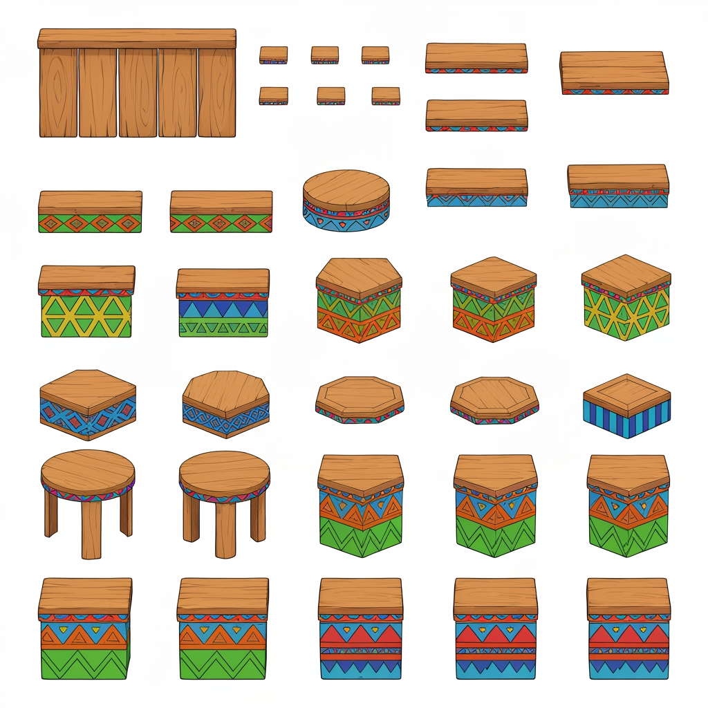 AI Design for Absolutely. Here’s a copy-paste ultimate prompt aimed specifically at getting the platform designs you’ve been describing:


---

ULTIMATE PROMPT

Create a clean character-game-asset concept sheet for a colorful 3D platformer called Leo & Tiny: Jungle Adventure.

The image should contain ONLY wooden Tiki-jungle platform designs on a pure white background. No characters, no jungle background, no scenery, no logos, no text, no environment.

The platforms should look like simple, iconic 2010s-era colorful platformer assets: playful, approachable, chunky, readable, and slightly 3D, but NOT photorealistic and NOT hyper-realistic.

ART STYLE

Bold, thick black cartoon outlines around every platform and geometric shape.

Flat, vibrant colors.

Very minimal shading.

Simple, clean 3D forms.

Slightly polished 3D game-art appearance while retaining a cartoon/vector-like aesthetic.

Strong silhouettes that would be instantly recognizable during gameplay.

No complicated textures.

No realistic wood grain.

No excessive highlights, reflections, or realistic materials.

Keep everything visually simple and game-ready.


PLATFORM DESIGNS

Create many different platform variants, arranged neatly like a game asset sheet.

Include:

Large rectangular wooden platforms.

Small rectangular platforms.

Long thin platforms.

Wide square platforms.

Circular wooden platforms.

Hexagonal platforms.

Triangular platforms.

Small pedestal platforms.

Tall cylindrical wooden pillars.

Short cylindrical platforms.

Rotating platforms.

Platforms with different thicknesses.

A few unusual geometric shapes while keeping everything simple.


The top surfaces should mostly be plain wooden planks, while the sides contain the colorful decorative patterns.

COLOR PALETTE

Use a restricted, consistent palette of:

Green, yellow, orange, red, blue, and natural warm wood brown.

Do NOT use:

Pink

Purple

Magenta

Neon pink

Purple decorations


The colors should be bright and vibrant, but not glowing.

PATTERN LANGUAGE

Decorate the platform sides with simple repeating geometric Tiki-inspired patterns.

Use combinations of:

Triangles

Diamonds

Squares

Zigzags

Horizontal stripes

Checker patterns

Simple geometric bands

Small circles

Repeating arrow shapes


Examples:

Green + yellow triangles

Orange + red diamonds

Blue + yellow squares

Green + orange zigzags

Red + yellow geometric bands

Blue + orange geometric patterns

Green + red + yellow repeating motifs


Also include small geometric symbols on some platform tops, such as a single triangle, diamond, square, circle, or simple emblem. Keep these symbols large, clean, and easy to recognize.

IMPORTANT DESIGN RULE

The patterns should not cover the entire platform.

Keep the wooden top mostly clean and use the colorful patterns primarily around the edges and sides. The decorations should make each platform recognizable without becoming visually noisy.

Make the collection feel like one unified platform system, not random objects from different games.

COMPOSITION

Arrange approximately 20–30 different platform variants on the white background with plenty of space between them.

Show:

Front/three-quarter views for most platforms.

A few top-down-ish views.

Several circular and rotating platforms.

A few tall pillar/platform combinations.


Every asset should be completely visible and separated from the others.

FINAL LOOK

Think:

colorful 3D platformer + clean cartoon illustration + bold black outlines + simple geometric Tiki patterns + 2010s game aesthetic.

It should feel like something that could actually be used as the official platform design language for a cheerful Nintendo-inspired 3D collectathon, while remaining completely original.

DO NOT make it realistic. DO NOT add a jungle scene. DO NOT add characters. DO NOT add text. DO NOT add pink or purple. DO NOT make the designs overly detailed. Prioritize clarity, simplicity, vibrant colors, bold outlines, and strong recognizable silhouettes.