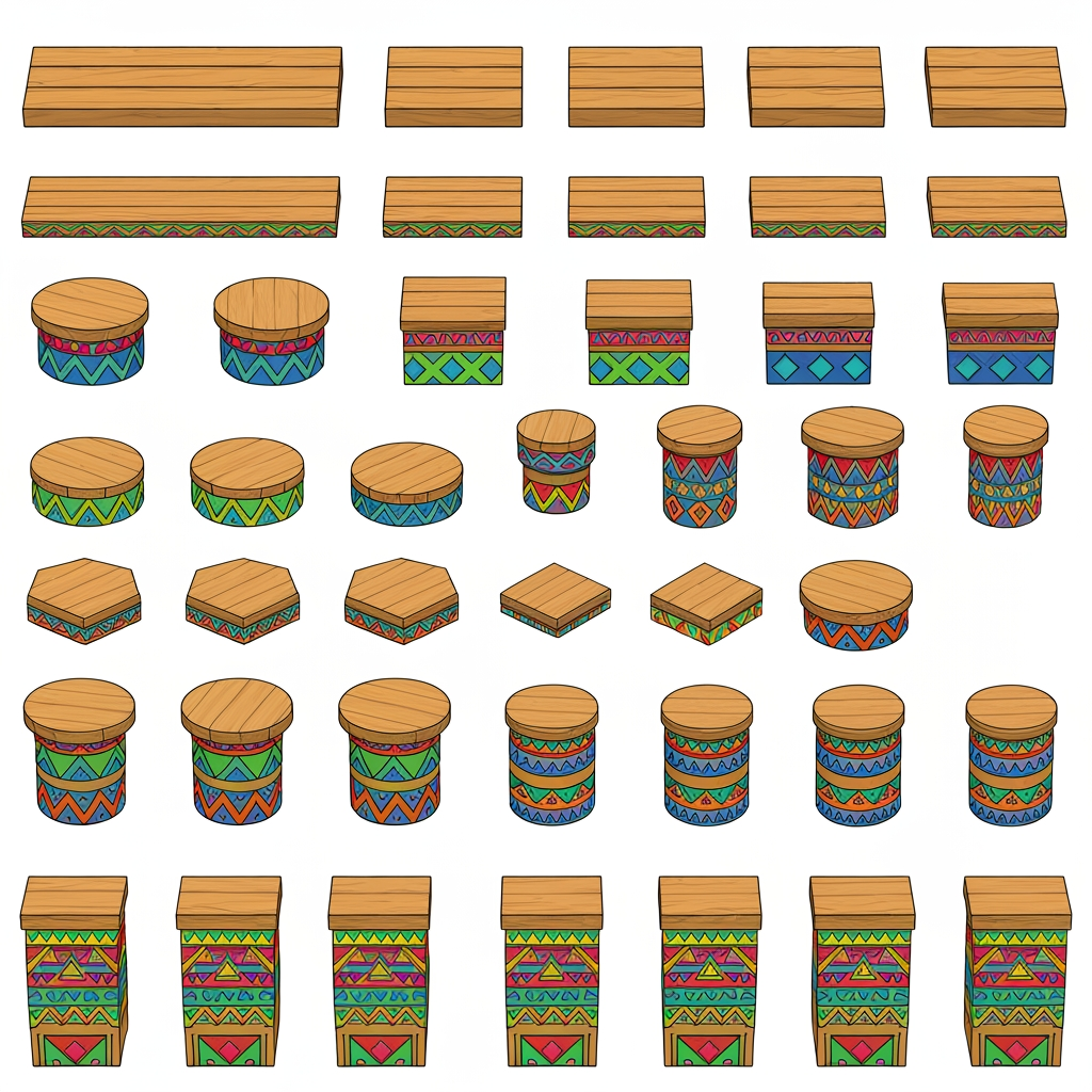 AI Design for Absolutely. Here’s a copy-paste ultimate prompt aimed specifically at getting the platform designs you’ve been describing:


---

ULTIMATE PROMPT

Create a clean character-game-asset concept sheet for a colorful 3D platformer called Leo & Tiny: Jungle Adventure.

The image should contain ONLY wooden Tiki-jungle platform designs on a pure white background. No characters, no jungle background, no scenery, no logos, no text, no environment.

The platforms should look like simple, iconic 2010s-era colorful platformer assets: playful, approachable, chunky, readable, and slightly 3D, but NOT photorealistic and NOT hyper-realistic.

ART STYLE

Bold, thick black cartoon outlines around every platform and geometric shape.

Flat, vibrant colors.

Very minimal shading.

Simple, clean 3D forms.

Slightly polished 3D game-art appearance while retaining a cartoon/vector-like aesthetic.

Strong silhouettes that would be instantly recognizable during gameplay.

No complicated textures.

No realistic wood grain.

No excessive highlights, reflections, or realistic materials.

Keep everything visually simple and game-ready.


PLATFORM DESIGNS

Create many different platform variants, arranged neatly like a game asset sheet.

Include:

Large rectangular wooden platforms.

Small rectangular platforms.

Long thin platforms.

Wide square platforms.

Circular wooden platforms.

Hexagonal platforms.

Triangular platforms.

Small pedestal platforms.

Tall cylindrical wooden pillars.

Short cylindrical platforms.

Rotating platforms.

Platforms with different thicknesses.

A few unusual geometric shapes while keeping everything simple.


The top surfaces should mostly be plain wooden planks, while the sides contain the colorful decorative patterns.

COLOR PALETTE

Use a restricted, consistent palette of:

Green, yellow, orange, red, blue, and natural warm wood brown.

Do NOT use:

Pink

Purple

Magenta

Neon pink

Purple decorations


The colors should be bright and vibrant, but not glowing.

PATTERN LANGUAGE

Decorate the platform sides with simple repeating geometric Tiki-inspired patterns.

Use combinations of:

Triangles

Diamonds

Squares

Zigzags

Horizontal stripes

Checker patterns

Simple geometric bands

Small circles

Repeating arrow shapes


Examples:

Green + yellow triangles

Orange + red diamonds

Blue + yellow squares

Green + orange zigzags

Red + yellow geometric bands

Blue + orange geometric patterns

Green + red + yellow repeating motifs


Also include small geometric symbols on some platform tops, such as a single triangle, diamond, square, circle, or simple emblem. Keep these symbols large, clean, and easy to recognize.

IMPORTANT DESIGN RULE

The patterns should not cover the entire platform.

Keep the wooden top mostly clean and use the colorful patterns primarily around the edges and sides. The decorations should make each platform recognizable without becoming visually noisy.

Make the collection feel like one unified platform system, not random objects from different games.

COMPOSITION

Arrange approximately 20–30 different platform variants on the white background with plenty of space between them.

Show:

Front/three-quarter views for most platforms.

A few top-down-ish views.

Several circular and rotating platforms.

A few tall pillar/platform combinations.


Every asset should be completely visible and separated from the others.

FINAL LOOK

Think:

colorful 3D platformer + clean cartoon illustration + bold black outlines + simple geometric Tiki patterns + 2010s game aesthetic.

It should feel like something that could actually be used as the official platform design language for a cheerful Nintendo-inspired 3D collectathon, while remaining completely original.

DO NOT make it realistic. DO NOT add a jungle scene. DO NOT add characters. DO NOT add text. DO NOT add pink or purple. DO NOT make the designs overly detailed. Prioritize clarity, simplicity, vibrant colors, bold outlines, and strong recognizable silhouettes.