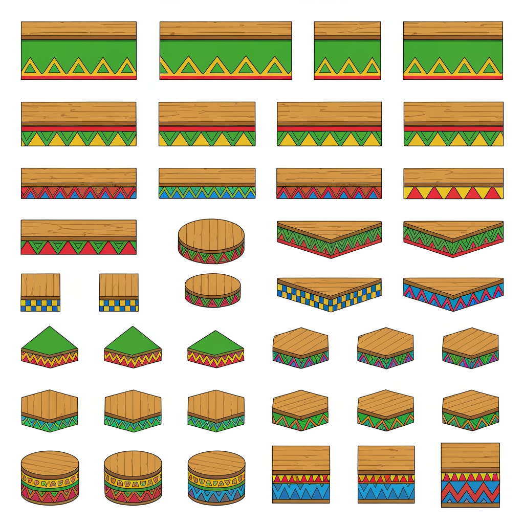 AI Design for Absolutely. Here’s a copy-paste ultimate prompt aimed specifically at getting the platform designs you’ve been describing:


---

ULTIMATE PROMPT

Create a clean character-game-asset concept sheet for a colorful 3D platformer called Leo & Tiny: Jungle Adventure.

The image should contain ONLY wooden Tiki-jungle platform designs on a pure white background. No characters, no jungle background, no scenery, no logos, no text, no environment.

The platforms should look like simple, iconic 2010s-era colorful platformer assets: playful, approachable, chunky, readable, and slightly 3D, but NOT photorealistic and NOT hyper-realistic.

ART STYLE

Bold, thick black cartoon outlines around every platform and geometric shape.

Flat, vibrant colors.

Very minimal shading.

Simple, clean 3D forms.

Slightly polished 3D game-art appearance while retaining a cartoon/vector-like aesthetic.

Strong silhouettes that would be instantly recognizable during gameplay.

No complicated textures.

No realistic wood grain.

No excessive highlights, reflections, or realistic materials.

Keep everything visually simple and game-ready.


PLATFORM DESIGNS

Create many different platform variants, arranged neatly like a game asset sheet.

Include:

Large rectangular wooden platforms.

Small rectangular platforms.

Long thin platforms.

Wide square platforms.

Circular wooden platforms.

Hexagonal platforms.

Triangular platforms.

Small pedestal platforms.

Tall cylindrical wooden pillars.

Short cylindrical platforms.

Rotating platforms.

Platforms with different thicknesses.

A few unusual geometric shapes while keeping everything simple.


The top surfaces should mostly be plain wooden planks, while the sides contain the colorful decorative patterns.

COLOR PALETTE

Use a restricted, consistent palette of:

Green, yellow, orange, red, blue, and natural warm wood brown.

Do NOT use:

Pink

Purple

Magenta

Neon pink

Purple decorations


The colors should be bright and vibrant, but not glowing.

PATTERN LANGUAGE

Decorate the platform sides with simple repeating geometric Tiki-inspired patterns.

Use combinations of:

Triangles

Diamonds

Squares

Zigzags

Horizontal stripes

Checker patterns

Simple geometric bands

Small circles

Repeating arrow shapes


Examples:

Green + yellow triangles

Orange + red diamonds

Blue + yellow squares

Green + orange zigzags

Red + yellow geometric bands

Blue + orange geometric patterns

Green + red + yellow repeating motifs


Also include small geometric symbols on some platform tops, such as a single triangle, diamond, square, circle, or simple emblem. Keep these symbols large, clean, and easy to recognize.

IMPORTANT DESIGN RULE

The patterns should not cover the entire platform.

Keep the wooden top mostly clean and use the colorful patterns primarily around the edges and sides. The decorations should make each platform recognizable without becoming visually noisy.

Make the collection feel like one unified platform system, not random objects from different games.

COMPOSITION

Arrange approximately 20–30 different platform variants on the white background with plenty of space between them.

Show:

Front/three-quarter views for most platforms.

A few top-down-ish views.

Several circular and rotating platforms.

A few tall pillar/platform combinations.


Every asset should be completely visible and separated from the others.

FINAL LOOK

Think:

colorful 3D platformer + clean cartoon illustration + bold black outlines + simple geometric Tiki patterns + 2010s game aesthetic.

It should feel like something that could actually be used as the official platform design language for a cheerful Nintendo-inspired 3D collectathon, while remaining completely original.

DO NOT make it realistic. DO NOT add a jungle scene. DO NOT add characters. DO NOT add text. DO NOT add pink or purple. DO NOT make the designs overly detailed. Prioritize clarity, simplicity, vibrant colors, bold outlines, and strong recognizable silhouettes.