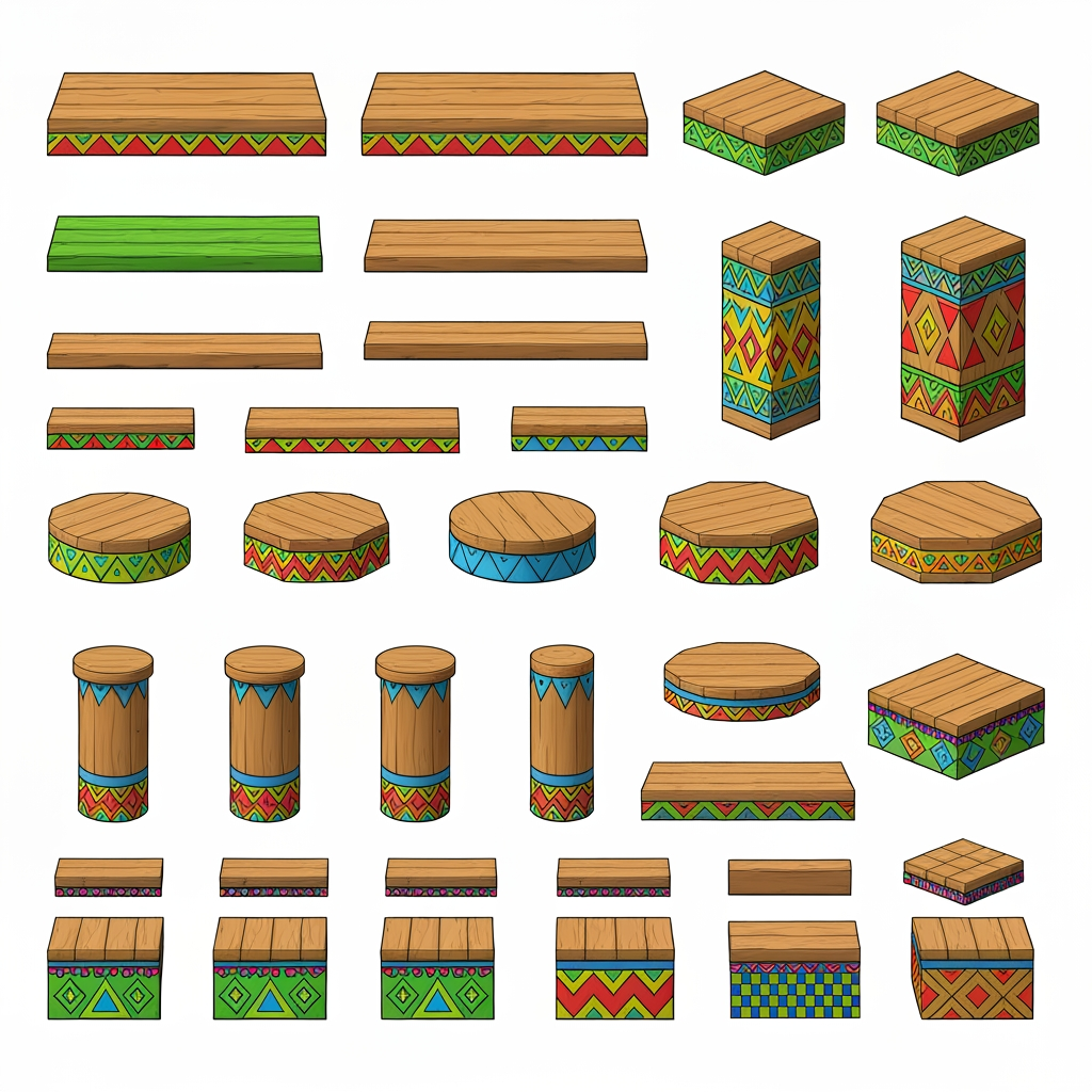 AI Design for Absolutely. Here’s a copy-paste ultimate prompt aimed specifically at getting the platform designs you’ve been describing:


---

ULTIMATE PROMPT

Create a clean character-game-asset concept sheet for a colorful 3D platformer called Leo & Tiny: Jungle Adventure.

The image should contain ONLY wooden Tiki-jungle platform designs on a pure white background. No characters, no jungle background, no scenery, no logos, no text, no environment.

The platforms should look like simple, iconic 2010s-era colorful platformer assets: playful, approachable, chunky, readable, and slightly 3D, but NOT photorealistic and NOT hyper-realistic.

ART STYLE

Bold, thick black cartoon outlines around every platform and geometric shape.

Flat, vibrant colors.

Very minimal shading.

Simple, clean 3D forms.

Slightly polished 3D game-art appearance while retaining a cartoon/vector-like aesthetic.

Strong silhouettes that would be instantly recognizable during gameplay.

No complicated textures.

No realistic wood grain.

No excessive highlights, reflections, or realistic materials.

Keep everything visually simple and game-ready.


PLATFORM DESIGNS

Create many different platform variants, arranged neatly like a game asset sheet.

Include:

Large rectangular wooden platforms.

Small rectangular platforms.

Long thin platforms.

Wide square platforms.

Circular wooden platforms.

Hexagonal platforms.

Triangular platforms.

Small pedestal platforms.

Tall cylindrical wooden pillars.

Short cylindrical platforms.

Rotating platforms.

Platforms with different thicknesses.

A few unusual geometric shapes while keeping everything simple.


The top surfaces should mostly be plain wooden planks, while the sides contain the colorful decorative patterns.

COLOR PALETTE

Use a restricted, consistent palette of:

Green, yellow, orange, red, blue, and natural warm wood brown.

Do NOT use:

Pink

Purple

Magenta

Neon pink

Purple decorations


The colors should be bright and vibrant, but not glowing.

PATTERN LANGUAGE

Decorate the platform sides with simple repeating geometric Tiki-inspired patterns.

Use combinations of:

Triangles

Diamonds

Squares

Zigzags

Horizontal stripes

Checker patterns

Simple geometric bands

Small circles

Repeating arrow shapes


Examples:

Green + yellow triangles

Orange + red diamonds

Blue + yellow squares

Green + orange zigzags

Red + yellow geometric bands

Blue + orange geometric patterns

Green + red + yellow repeating motifs


Also include small geometric symbols on some platform tops, such as a single triangle, diamond, square, circle, or simple emblem. Keep these symbols large, clean, and easy to recognize.

IMPORTANT DESIGN RULE

The patterns should not cover the entire platform.

Keep the wooden top mostly clean and use the colorful patterns primarily around the edges and sides. The decorations should make each platform recognizable without becoming visually noisy.

Make the collection feel like one unified platform system, not random objects from different games.

COMPOSITION

Arrange approximately 20–30 different platform variants on the white background with plenty of space between them.

Show:

Front/three-quarter views for most platforms.

A few top-down-ish views.

Several circular and rotating platforms.

A few tall pillar/platform combinations.


Every asset should be completely visible and separated from the others.

FINAL LOOK

Think:

colorful 3D platformer + clean cartoon illustration + bold black outlines + simple geometric Tiki patterns + 2010s game aesthetic.

It should feel like something that could actually be used as the official platform design language for a cheerful Nintendo-inspired 3D collectathon, while remaining completely original.

DO NOT make it realistic. DO NOT add a jungle scene. DO NOT add characters. DO NOT add text. DO NOT add pink or purple. DO NOT make the designs overly detailed. Prioritize clarity, simplicity, vibrant colors, bold outlines, and strong recognizable silhouettes.