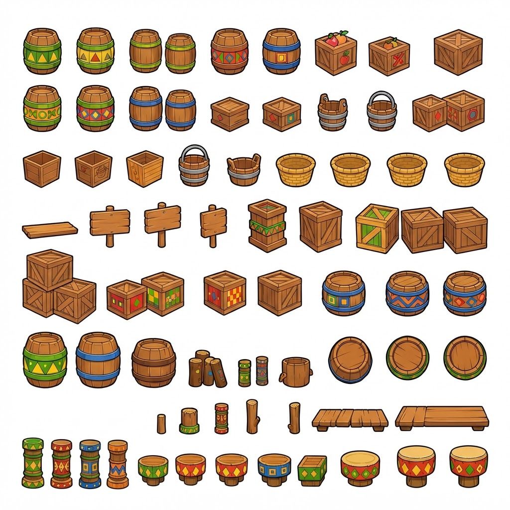 AI Design for Absolutely 😭 No image—just the prompt. And I'll keep the exact same design rules we established for the platforms.
ULTIMATE PROMPT — TIKI JUNGLE PROPS
Create a clean game-asset concept sheet for a colorful 3D platformer called Leo & Tiny: Jungle Adventure, showing a collection of Tiki Jungle environmental props on a completely pure white background.
Include only the props, with no characters, no jungle scenery, no environment, no logos, and no text.
The props should follow the exact same visual design language as the game's wooden platforms: simple, colorful, iconic, slightly 3D, playful, and highly readable.
ART STYLE
Bold, thick black cartoon outlines around every object.
Vibrant, simple colors.
Minimal shading.
Slightly dimensional 3D appearance, but NOT realistic.
Clean, polished 2010s-style colorful platformer aesthetic.
Chunky, rounded shapes.
Simple silhouettes that are instantly recognizable during gameplay.
No realistic wood grain.
No hyper-realistic materials.
No excessive reflections, textures, or tiny details.
COLOR PALETTE
Use the same restricted Tiki Jungle palette:
Green, yellow, orange, red, blue, and warm natural wood brown.
Absolutely avoid pink and purple.
The colors should be bright and saturated without glowing.
PROPS TO INCLUDE
Create many variations of:
🪵 Wooden barrels
📦 Wooden crates
🥭 Fruit crates
🪵 Small wooden boxes
🪣 Wooden buckets
🧺 Simple woven baskets
🪧 Small wooden signs
🪵 Stacked crates
🛢️ Large wooden storage barrels
🪵 Short wooden logs used as decorative objects
🗿 Small Tiki-themed decorative objects
🌴 Simple wooden posts
🪵 Wooden bridges/short plank sections
📦 Crates with different geometric markings
🪘 Simple wooden drums
Keep every object simple enough that it could actually be used inside a 3D platformer level.
GEOMETRIC PATTERN LANGUAGE
Use the same geometric Tiki patterns as the platforms.
Decorate the sides of barrels, crates, signs, baskets, and other wooden objects with:
Triangles
Diamonds
Squares
Circles
Zigzags
Checker patterns
Simple stripes
Repeating geometric bands
Use combinations such as:
yellow + green triangles
red + blue triangles
red + yellow diamonds
red + green patterns
yellow + blue squares
orange + blue zigzags
green + orange geometric bands
The patterns should be bold and simple, not intricate tribal artwork.
Some objects should have only one small geometric emblem, while others can have a repeating pattern around their sides.
IMPORTANT
The decorations should not completely cover the objects.
Keep plenty of the natural wooden surface visible.
The props should feel like they belong to the same manufactured set as the colorful wooden platforms.
For example, a crate should immediately look like it belongs beside one of the game's wooden platforms.
COMPOSITION
Arrange approximately 20–30 different props neatly across the white background like a professional game-development asset sheet.
Include:
Individual objects
Small stacked groups
Different barrel sizes
Different crate shapes
A few rotated objects
A few front/three-quarter views
A few top-down-ish views
Leave enough space between every object so each design is clearly visible.
FINAL VISUAL GOAL
The result should look like:
Colorful 3D platformer props + bold cartoon outlines + simple geometric Tiki patterns + vibrant flat colors + minimal shading + clean game-asset presentation.
The props should feel iconic, playful, kid-friendly, and immediately readable, matching the Leo & Tiny Tiki Jungle platform designs.
NO pink. NO purple. NO characters. NO scenery. NO realistic textures. NO hyper-realism. NO excessive detail. NO complicated patterns. NO text. Use the prompt bars imagery as inspiration for the patterns of the barrels crates and such