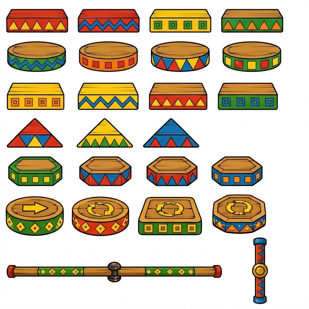 AI Design for Create game like assets for wooden platforms with simple vibrant colors nice textures readable clear distinct and iconic for wooden platforms that have designs that include colored shapes such as yellow triangles green red blue orange triangles squares any shape goind in a oattern zigzag or others off fitting to make nice textures and and I repeat do not include any pink purple magenta and cyan in the patterns make them cool interesting recognizable fun distinct design wooden platforms that look like video game platforms that have patterns in our cool colorful have nice patterns like combinations green yellow and red really featuring Red as the main color so it's still on a wooden plate green yellow as it's accent triangle color and red is simply a line color and orange and then having a blue zigzag everywhere and then having stuff like yellow main and orange squares green red yellow blue red blue orange stuff like that on platforms that are suited have like not crates yet like a platforms yeah you would then have like those you would have the platforms that are kind of more circular they're notlike like tall you're kind of like short in a sense where what I mean by describing short is not too tall they're not very thick so it's from that add those patterns don't include purple pink cyan or colors like so and design some interesting ideas like maybe a longer ones that are kind of like sticks and they have like a center point that spins and a size from that thank you and take your time sort of like the images on the prompt bar with your take on the approach
