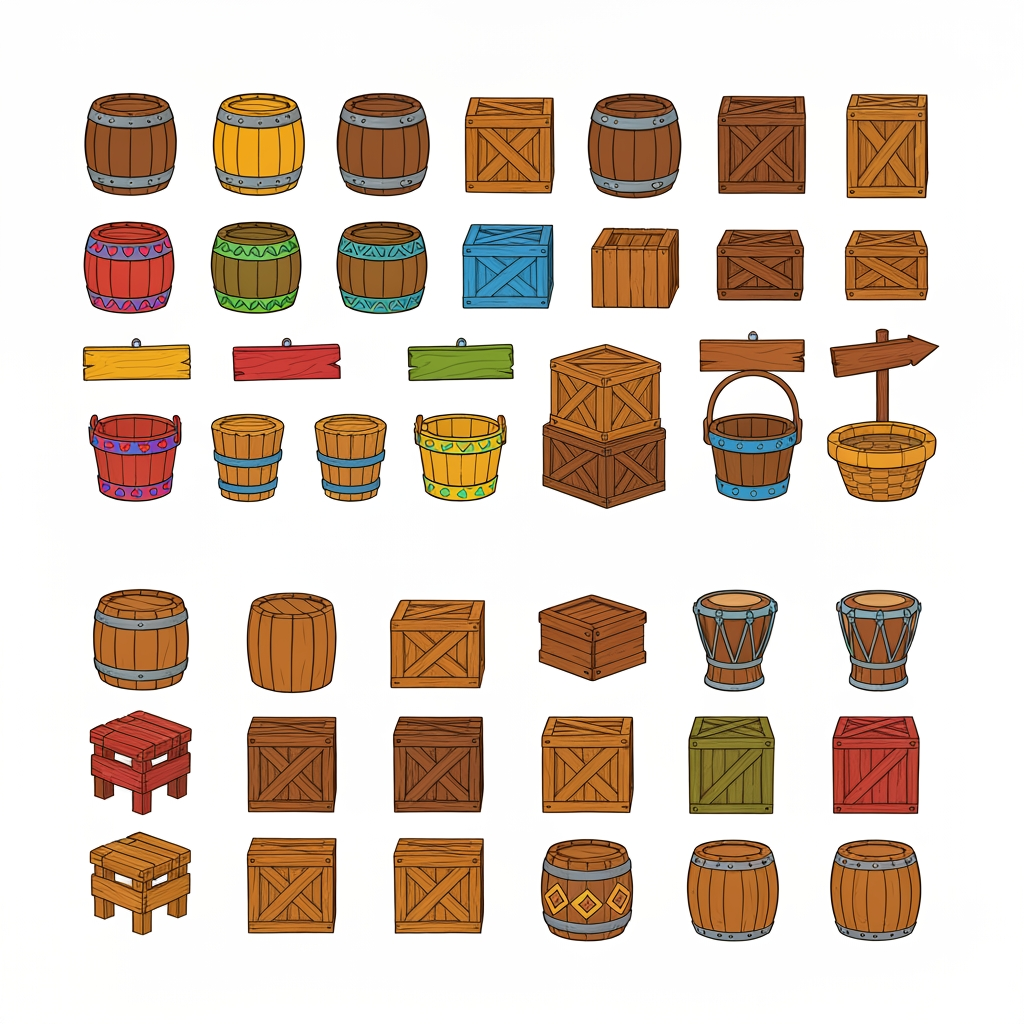 AI Design for Absolutely 😭 No image—just the prompt. And I'll keep the exact same design rules we established for the platforms.
ULTIMATE PROMPT — TIKI JUNGLE PROPS
Create a clean game-asset concept sheet for a colorful 3D platformer called Leo & Tiny: Jungle Adventure, showing a collection of Tiki Jungle environmental props on a completely pure white background.
Include only the props, with no characters, no jungle scenery, no environment, no logos, and no text.
The props should follow the exact same visual design language as the game's wooden platforms: simple, colorful, iconic, slightly 3D, playful, and highly readable.
ART STYLE
Bold, thick black cartoon outlines around every object.
Vibrant, simple colors.
Minimal shading.
Slightly dimensional 3D appearance, but NOT realistic.
Clean, polished 2010s-style colorful platformer aesthetic.
Chunky, rounded shapes.
Simple silhouettes that are instantly recognizable during gameplay.
No realistic wood grain.
No hyper-realistic materials.
No excessive reflections, textures, or tiny details.
COLOR PALETTE
Use the same restricted Tiki Jungle palette:
Green, yellow, orange, red, blue, and warm natural wood brown.
Absolutely avoid pink and purple.
The colors should be bright and saturated without glowing.
PROPS TO INCLUDE
Create many variations of:
🪵 Wooden barrels
📦 Wooden crates
🥭 Fruit crates
🪵 Small wooden boxes
🪣 Wooden buckets
🧺 Simple woven baskets
🪧 Small wooden signs
🪵 Stacked crates
🛢️ Large wooden storage barrels
🪵 Short wooden logs used as decorative objects
🗿 Small Tiki-themed decorative objects
🌴 Simple wooden posts
🪵 Wooden bridges/short plank sections
📦 Crates with different geometric markings
🪘 Simple wooden drums
Keep every object simple enough that it could actually be used inside a 3D platformer level.
GEOMETRIC PATTERN LANGUAGE
Use the same geometric Tiki patterns as the platforms.
Decorate the sides of barrels, crates, signs, baskets, and other wooden objects with:
Triangles
Diamonds
Squares
Circles
Zigzags
Checker patterns
Simple stripes
Repeating geometric bands
Use combinations such as:
yellow + green triangles
red + blue triangles
red + yellow diamonds
red + green patterns
yellow + blue squares
orange + blue zigzags
green + orange geometric bands
The patterns should be bold and simple, not intricate tribal artwork.
Some objects should have only one small geometric emblem, while others can have a repeating pattern around their sides.
IMPORTANT
The decorations should not completely cover the objects.
Keep plenty of the natural wooden surface visible.
The props should feel like they belong to the same manufactured set as the colorful wooden platforms.
For example, a crate should immediately look like it belongs beside one of the game's wooden platforms.
COMPOSITION
Arrange approximately 20–30 different props neatly across the white background like a professional game-development asset sheet.
Include:
Individual objects
Small stacked groups
Different barrel sizes
Different crate shapes
A few rotated objects
A few front/three-quarter views
A few top-down-ish views
Leave enough space between every object so each design is clearly visible.
FINAL VISUAL GOAL
The result should look like:
Colorful 3D platformer props + bold cartoon outlines + simple geometric Tiki patterns + vibrant flat colors + minimal shading + clean game-asset presentation.
The props should feel iconic, playful, kid-friendly, and immediately readable, matching the Leo & Tiny Tiki Jungle platform designs.
NO pink. NO purple. NO characters. NO scenery. NO realistic textures. NO hyper-realism. NO excessive detail. NO complicated patterns. NO text.