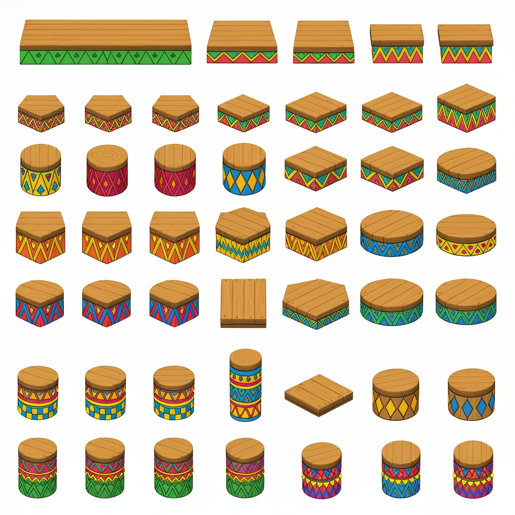 AI Design for Absolutely. Here’s a copy-paste ultimate prompt aimed specifically at getting the platform designs you’ve been describing:


---

ULTIMATE PROMPT

Create a clean character-game-asset concept sheet for a colorful 3D platformer called Leo & Tiny: Jungle Adventure.

The image should contain ONLY wooden Tiki-jungle platform designs on a pure white background. No characters, no jungle background, no scenery, no logos, no text, no environment.

The platforms should look like simple, iconic 2010s-era colorful platformer assets: playful, approachable, chunky, readable, and slightly 3D, but NOT photorealistic and NOT hyper-realistic.

ART STYLE

Bold, thick black cartoon outlines around every platform and geometric shape.

Flat, vibrant colors.

Very minimal shading.

Simple, clean 3D forms.

Slightly polished 3D game-art appearance while retaining a cartoon/vector-like aesthetic.

Strong silhouettes that would be instantly recognizable during gameplay.

No complicated textures.

No realistic wood grain.

No excessive highlights, reflections, or realistic materials.

Keep everything visually simple and game-ready.


PLATFORM DESIGNS

Create many different platform variants, arranged neatly like a game asset sheet.

Include:

Large rectangular wooden platforms.

Small rectangular platforms.

Long thin platforms.

Wide square platforms.

Circular wooden platforms.

Hexagonal platforms.

Triangular platforms.

Small pedestal platforms.

Tall cylindrical wooden pillars.

Short cylindrical platforms.

Rotating platforms.

Platforms with different thicknesses.

A few unusual geometric shapes while keeping everything simple.


The top surfaces should mostly be plain wooden planks, while the sides contain the colorful decorative patterns.

COLOR PALETTE

Use a restricted, consistent palette of:

Green, yellow, orange, red, blue, and natural warm wood brown.

Do NOT use:

Pink

Purple

Magenta

Neon pink

Purple decorations


The colors should be bright and vibrant, but not glowing.

PATTERN LANGUAGE

Decorate the platform sides with simple repeating geometric Tiki-inspired patterns.

Use combinations of:

Triangles

Diamonds

Squares

Zigzags

Horizontal stripes

Checker patterns

Simple geometric bands

Small circles

Repeating arrow shapes


Examples:

Green + yellow triangles

Orange + red diamonds

Blue + yellow squares

Green + orange zigzags

Red + yellow geometric bands

Blue + orange geometric patterns

Green + red + yellow repeating motifs


Also include small geometric symbols on some platform tops, such as a single triangle, diamond, square, circle, or simple emblem. Keep these symbols large, clean, and easy to recognize.

IMPORTANT DESIGN RULE

The patterns should not cover the entire platform.

Keep the wooden top mostly clean and use the colorful patterns primarily around the edges and sides. The decorations should make each platform recognizable without becoming visually noisy.

Make the collection feel like one unified platform system, not random objects from different games.

COMPOSITION

Arrange approximately 20–30 different platform variants on the white background with plenty of space between them.

Show:

Front/three-quarter views for most platforms.

A few top-down-ish views.

Several circular and rotating platforms.

A few tall pillar/platform combinations.


Every asset should be completely visible and separated from the others.

FINAL LOOK

Think:

colorful 3D platformer + clean cartoon illustration + bold black outlines + simple geometric Tiki patterns + 2010s game aesthetic.

It should feel like something that could actually be used as the official platform design language for a cheerful Nintendo-inspired 3D collectathon, while remaining completely original.

DO NOT make it realistic. DO NOT add a jungle scene. DO NOT add characters. DO NOT add text. DO NOT add pink or purple. DO NOT make the designs overly detailed. Prioritize clarity, simplicity, vibrant colors, bold outlines, and strong recognizable silhouettes.