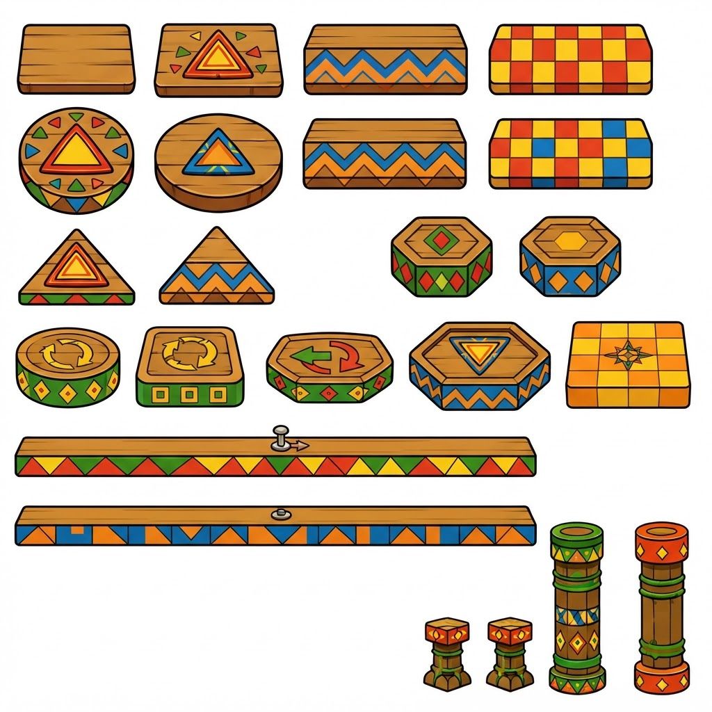 AI Design for Create game like assets for wooden platforms with simple vibrant colors nice textures readable clear distinct and iconic for wooden platforms that have designs that include colored shapes such as yellow triangles green red blue orange triangles squares any shape goind in a oattern zigzag or others off fitting to make nice textures and and I repeat do not include any pink purple magenta and cyan in the patterns make them cool interesting recognizable fun distinct design wooden platforms that look like video game platforms that have patterns in our cool colorful have nice patterns like combinations green yellow and red really featuring Red as the main color so it's still on a wooden plate green yellow as it's accent triangle color and red is simply a line color and orange and then having a blue zigzag everywhere and then having stuff like yellow main and orange squares green red yellow blue red blue orange stuff like that on platforms that are suited have like not crates yet like a platforms yeah you would then have like those you would have the platforms that are kind of more circular they're notlike like tall you're kind of like short in a sense where what I mean by describing short is not too tall they're not very thick so it's from that add those patterns don't include purple pink cyan or colors like so and design some interesting ideas like maybe a longer ones that are kind of like sticks and they have like a center point that spins and a size from that thank you and take your time sort of like the images on the prompt bar with your take on the approach
