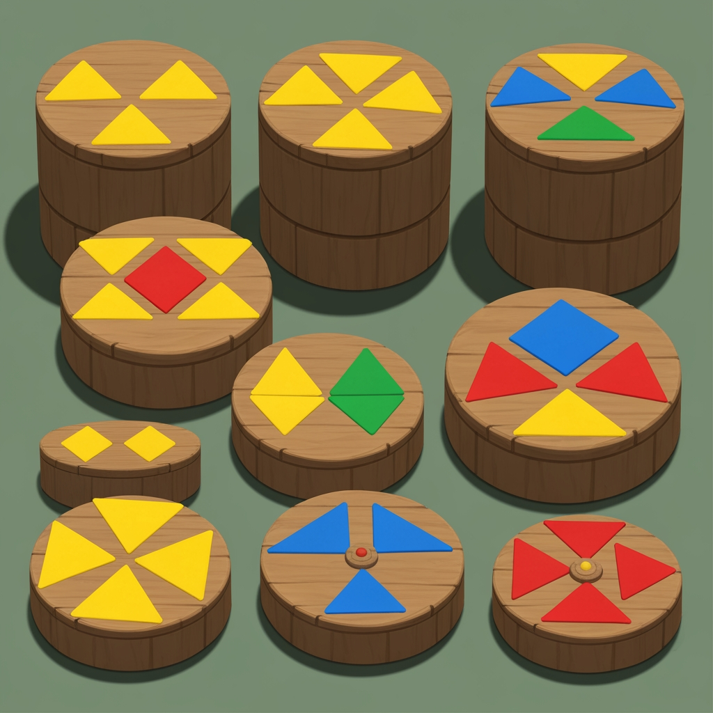 AI Design for Create game like assets for wooden platforms with simple vibrant colors nice textures readable clear distinct and iconic for wooden platforms that have designs that include colored shapes such as yellow triangles green red blue orange triangles squares any shape goind in a oattern zigzag or others off fitting to make nice textures and and I repeat do not include any pink purple magenta and cyan in the patterns make them cool interesting recognizable fun distinct design wooden platforms that look like video game platforms that have patterns in our cool colorful have nice patterns like combinations green yellow and red really featuring Red as the main color so it's still on a wooden plate green yellow as it's accent triangle color and red is simply a line color and orange and then having a blue zigzag everywhere and then having stuff like yellow main and orange squares green red yellow blue red blue orange stuff like that on platforms that are suited have like not crates yet like a platforms yeah you would then have like those you would have the platforms that are kind of more circular they're notlike like tall you're kind of like short in a sense where what I mean by describing short is not too tall they're not very thick so it's from that add those patterns don't include purple pink cyan or colors like so and design some interesting ideas like maybe a longer ones that are kind of like sticks and they have like a center point that spins and a size from that thank you and take your time