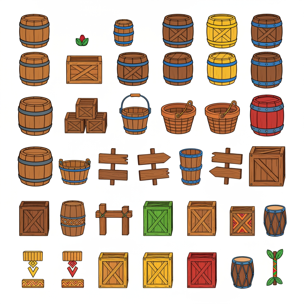 AI Design for Absolutely 😭 No image—just the prompt. And I'll keep the exact same design rules we established for the platforms.
ULTIMATE PROMPT — TIKI JUNGLE PROPS
Create a clean game-asset concept sheet for a colorful 3D platformer called Leo & Tiny: Jungle Adventure, showing a collection of Tiki Jungle environmental props on a completely pure white background.
Include only the props, with no characters, no jungle scenery, no environment, no logos, and no text.
The props should follow the exact same visual design language as the game's wooden platforms: simple, colorful, iconic, slightly 3D, playful, and highly readable.
ART STYLE
Bold, thick black cartoon outlines around every object.
Vibrant, simple colors.
Minimal shading.
Slightly dimensional 3D appearance, but NOT realistic.
Clean, polished 2010s-style colorful platformer aesthetic.
Chunky, rounded shapes.
Simple silhouettes that are instantly recognizable during gameplay.
No realistic wood grain.
No hyper-realistic materials.
No excessive reflections, textures, or tiny details.
COLOR PALETTE
Use the same restricted Tiki Jungle palette:
Green, yellow, orange, red, blue, and warm natural wood brown.
Absolutely avoid pink and purple.
The colors should be bright and saturated without glowing.
PROPS TO INCLUDE
Create many variations of:
🪵 Wooden barrels
📦 Wooden crates
🥭 Fruit crates
🪵 Small wooden boxes
🪣 Wooden buckets
🧺 Simple woven baskets
🪧 Small wooden signs
🪵 Stacked crates
🛢️ Large wooden storage barrels
🪵 Short wooden logs used as decorative objects
🗿 Small Tiki-themed decorative objects
🌴 Simple wooden posts
🪵 Wooden bridges/short plank sections
📦 Crates with different geometric markings
🪘 Simple wooden drums
Keep every object simple enough that it could actually be used inside a 3D platformer level.
GEOMETRIC PATTERN LANGUAGE
Use the same geometric Tiki patterns as the platforms.
Decorate the sides of barrels, crates, signs, baskets, and other wooden objects with:
Triangles
Diamonds
Squares
Circles
Zigzags
Checker patterns
Simple stripes
Repeating geometric bands
Use combinations such as:
yellow + green triangles
red + blue triangles
red + yellow diamonds
red + green patterns
yellow + blue squares
orange + blue zigzags
green + orange geometric bands
The patterns should be bold and simple, not intricate tribal artwork.
Some objects should have only one small geometric emblem, while others can have a repeating pattern around their sides.
IMPORTANT
The decorations should not completely cover the objects.
Keep plenty of the natural wooden surface visible.
The props should feel like they belong to the same manufactured set as the colorful wooden platforms.
For example, a crate should immediately look like it belongs beside one of the game's wooden platforms.
COMPOSITION
Arrange approximately 20–30 different props neatly across the white background like a professional game-development asset sheet.
Include:
Individual objects
Small stacked groups
Different barrel sizes
Different crate shapes
A few rotated objects
A few front/three-quarter views
A few top-down-ish views
Leave enough space between every object so each design is clearly visible.
FINAL VISUAL GOAL
The result should look like:
Colorful 3D platformer props + bold cartoon outlines + simple geometric Tiki patterns + vibrant flat colors + minimal shading + clean game-asset presentation.
The props should feel iconic, playful, kid-friendly, and immediately readable, matching the Leo & Tiny Tiki Jungle platform designs.
NO pink. NO purple. NO characters. NO scenery. NO realistic textures. NO hyper-realism. NO excessive detail. NO complicated patterns. NO text.
