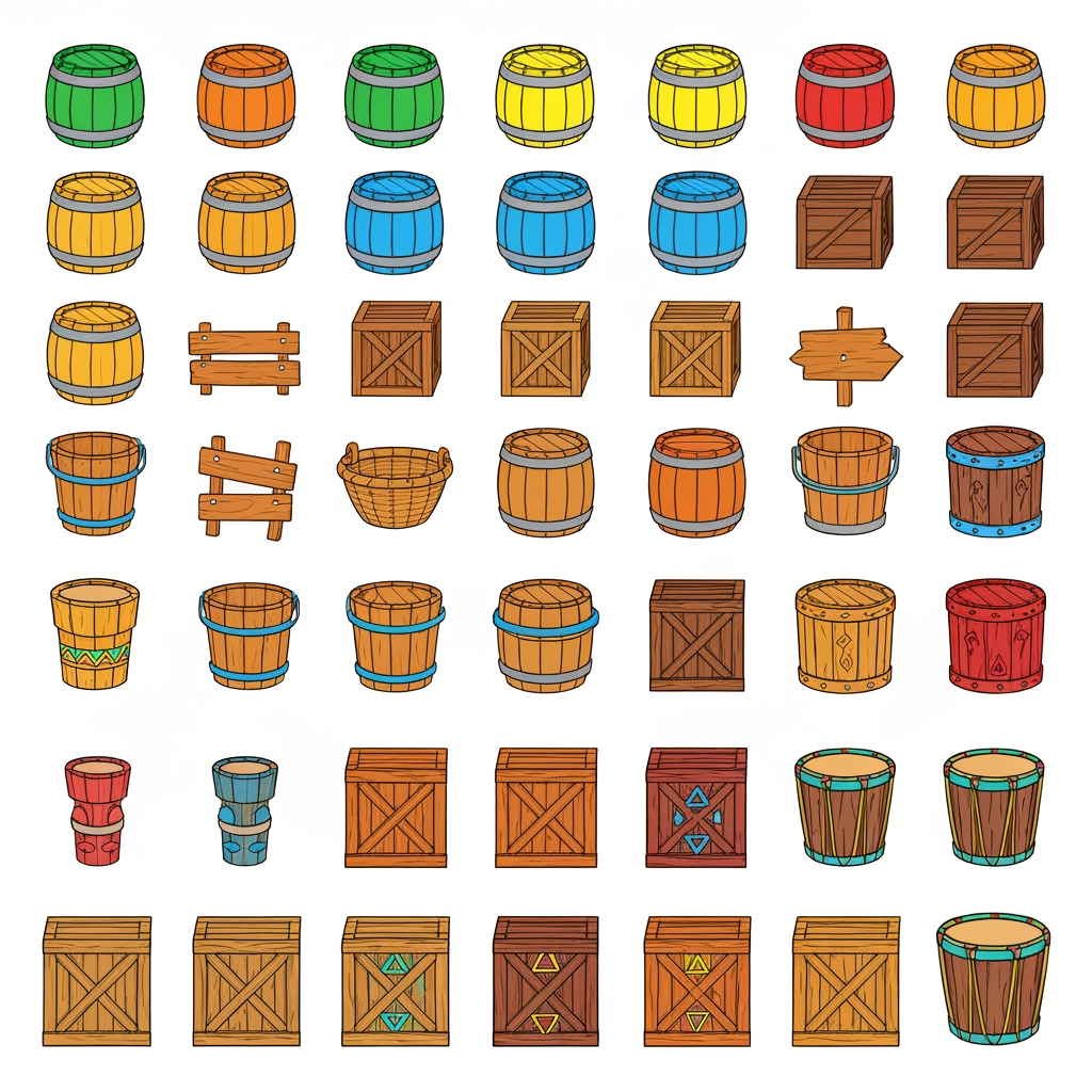 AI Design for Absolutely 😭 No image—just the prompt. And I'll keep the exact same design rules we established for the platforms.
ULTIMATE PROMPT — TIKI JUNGLE PROPS
Create a clean game-asset concept sheet for a colorful 3D platformer called Leo & Tiny: Jungle Adventure, showing a collection of Tiki Jungle environmental props on a completely pure white background.
Include only the props, with no characters, no jungle scenery, no environment, no logos, and no text.
The props should follow the exact same visual design language as the game's wooden platforms: simple, colorful, iconic, slightly 3D, playful, and highly readable.
ART STYLE
Bold, thick black cartoon outlines around every object.
Vibrant, simple colors.
Minimal shading.
Slightly dimensional 3D appearance, but NOT realistic.
Clean, polished 2010s-style colorful platformer aesthetic.
Chunky, rounded shapes.
Simple silhouettes that are instantly recognizable during gameplay.
No realistic wood grain.
No hyper-realistic materials.
No excessive reflections, textures, or tiny details.
COLOR PALETTE
Use the same restricted Tiki Jungle palette:
Green, yellow, orange, red, blue, and warm natural wood brown.
Absolutely avoid pink and purple.
The colors should be bright and saturated without glowing.
PROPS TO INCLUDE
Create many variations of:
🪵 Wooden barrels
📦 Wooden crates
🥭 Fruit crates
🪵 Small wooden boxes
🪣 Wooden buckets
🧺 Simple woven baskets
🪧 Small wooden signs
🪵 Stacked crates
🛢️ Large wooden storage barrels
🪵 Short wooden logs used as decorative objects
🗿 Small Tiki-themed decorative objects
🌴 Simple wooden posts
🪵 Wooden bridges/short plank sections
📦 Crates with different geometric markings
🪘 Simple wooden drums
Keep every object simple enough that it could actually be used inside a 3D platformer level.
GEOMETRIC PATTERN LANGUAGE
Use the same geometric Tiki patterns as the platforms.
Decorate the sides of barrels, crates, signs, baskets, and other wooden objects with:
Triangles
Diamonds
Squares
Circles
Zigzags
Checker patterns
Simple stripes
Repeating geometric bands
Use combinations such as:
yellow + green triangles
red + blue triangles
red + yellow diamonds
red + green patterns
yellow + blue squares
orange + blue zigzags
green + orange geometric bands
The patterns should be bold and simple, not intricate tribal artwork.
Some objects should have only one small geometric emblem, while others can have a repeating pattern around their sides.
IMPORTANT
The decorations should not completely cover the objects.
Keep plenty of the natural wooden surface visible.
The props should feel like they belong to the same manufactured set as the colorful wooden platforms.
For example, a crate should immediately look like it belongs beside one of the game's wooden platforms.
COMPOSITION
Arrange approximately 20–30 different props neatly across the white background like a professional game-development asset sheet.
Include:
Individual objects
Small stacked groups
Different barrel sizes
Different crate shapes
A few rotated objects
A few front/three-quarter views
A few top-down-ish views
Leave enough space between every object so each design is clearly visible.
FINAL VISUAL GOAL
The result should look like:
Colorful 3D platformer props + bold cartoon outlines + simple geometric Tiki patterns + vibrant flat colors + minimal shading + clean game-asset presentation.
The props should feel iconic, playful, kid-friendly, and immediately readable, matching the Leo & Tiny Tiki Jungle platform designs.
NO pink. NO purple. NO characters. NO scenery. NO realistic textures. NO hyper-realism. NO excessive detail. NO complicated patterns. NO text.