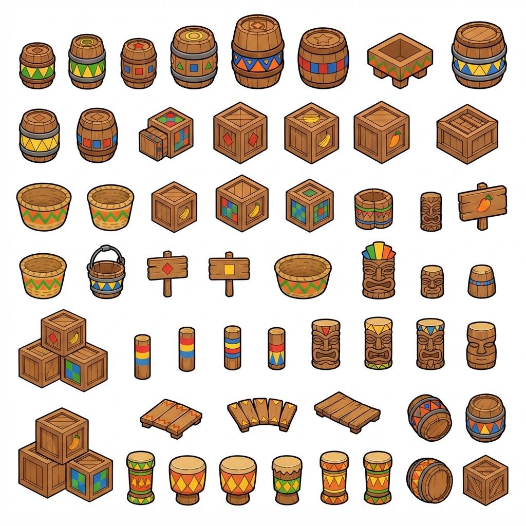 AI Design for Absolutely 😭 No image—just the prompt. And I'll keep the exact same design rules we established for the platforms.
ULTIMATE PROMPT — TIKI JUNGLE PROPS
Create a clean game-asset concept sheet for a colorful 3D platformer called Leo & Tiny: Jungle Adventure, showing a collection of Tiki Jungle environmental props on a completely pure white background.
Include only the props, with no characters, no jungle scenery, no environment, no logos, and no text.
The props should follow the exact same visual design language as the game's wooden platforms: simple, colorful, iconic, slightly 3D, playful, and highly readable.
ART STYLE
Bold, thick black cartoon outlines around every object.
Vibrant, simple colors.
Minimal shading.
Slightly dimensional 3D appearance, but NOT realistic.
Clean, polished 2010s-style colorful platformer aesthetic.
Chunky, rounded shapes.
Simple silhouettes that are instantly recognizable during gameplay.
No realistic wood grain.
No hyper-realistic materials.
No excessive reflections, textures, or tiny details.
COLOR PALETTE
Use the same restricted Tiki Jungle palette:
Green, yellow, orange, red, blue, and warm natural wood brown.
Absolutely avoid pink and purple.
The colors should be bright and saturated without glowing.
PROPS TO INCLUDE
Create many variations of:
🪵 Wooden barrels
📦 Wooden crates
🥭 Fruit crates
🪵 Small wooden boxes
🪣 Wooden buckets
🧺 Simple woven baskets
🪧 Small wooden signs
🪵 Stacked crates
🛢️ Large wooden storage barrels
🪵 Short wooden logs used as decorative objects
🗿 Small Tiki-themed decorative objects
🌴 Simple wooden posts
🪵 Wooden bridges/short plank sections
📦 Crates with different geometric markings
🪘 Simple wooden drums
Keep every object simple enough that it could actually be used inside a 3D platformer level.
GEOMETRIC PATTERN LANGUAGE
Use the same geometric Tiki patterns as the platforms.
Decorate the sides of barrels, crates, signs, baskets, and other wooden objects with:
Triangles
Diamonds
Squares
Circles
Zigzags
Checker patterns
Simple stripes
Repeating geometric bands
Use combinations such as:
yellow + green triangles
red + blue triangles
red + yellow diamonds
red + green patterns
yellow + blue squares
orange + blue zigzags
green + orange geometric bands
The patterns should be bold and simple, not intricate tribal artwork.
Some objects should have only one small geometric emblem, while others can have a repeating pattern around their sides.
IMPORTANT
The decorations should not completely cover the objects.
Keep plenty of the natural wooden surface visible.
The props should feel like they belong to the same manufactured set as the colorful wooden platforms.
For example, a crate should immediately look like it belongs beside one of the game's wooden platforms.
COMPOSITION
Arrange approximately 20–30 different props neatly across the white background like a professional game-development asset sheet.
Include:
Individual objects
Small stacked groups
Different barrel sizes
Different crate shapes
A few rotated objects
A few front/three-quarter views
A few top-down-ish views
Leave enough space between every object so each design is clearly visible.
FINAL VISUAL GOAL
The result should look like:
Colorful 3D platformer props + bold cartoon outlines + simple geometric Tiki patterns + vibrant flat colors + minimal shading + clean game-asset presentation.
The props should feel iconic, playful, kid-friendly, and immediately readable, matching the Leo & Tiny Tiki Jungle platform designs.
NO pink. NO purple. NO characters. NO scenery. NO realistic textures. NO hyper-realism. NO excessive detail. NO complicated patterns. NO text.