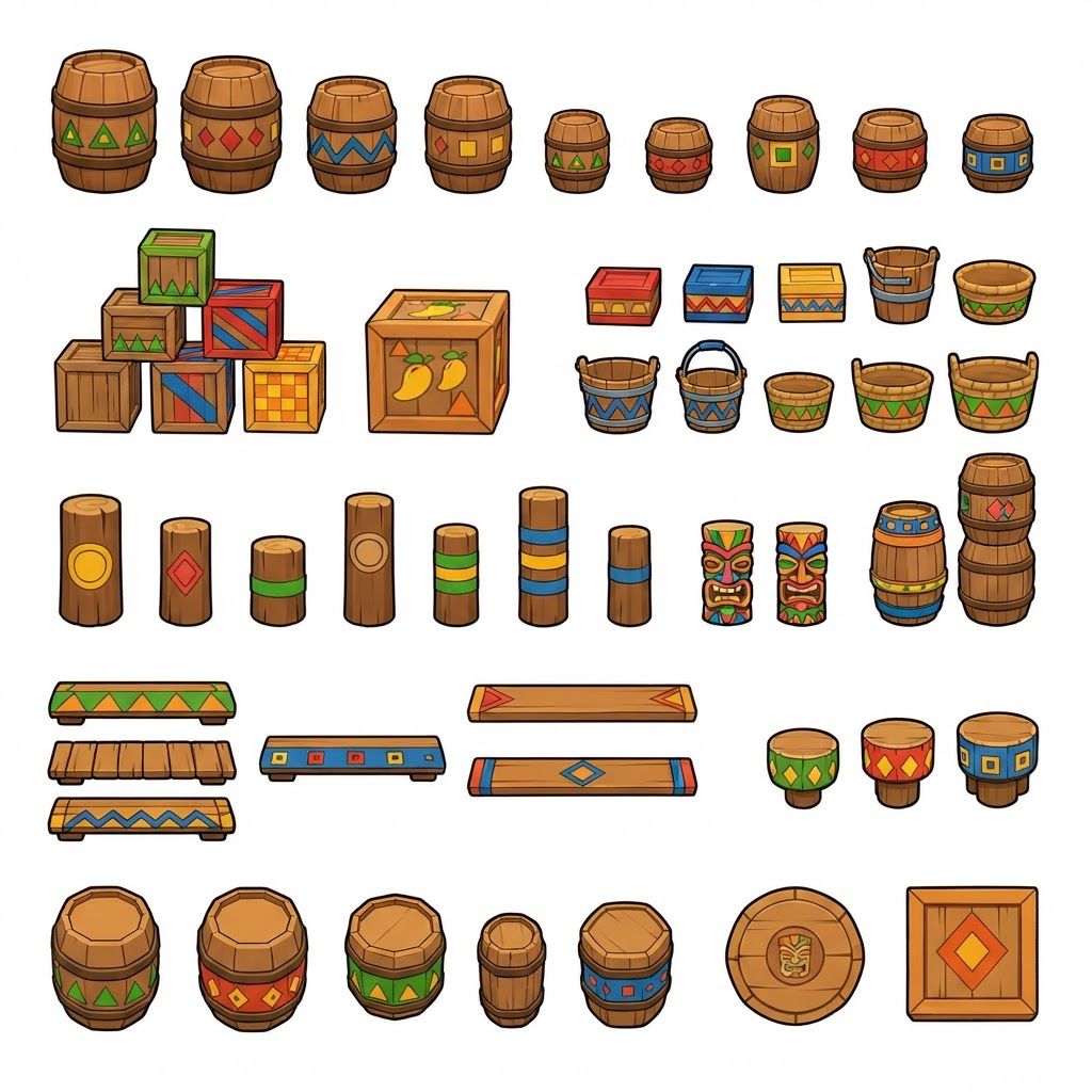 AI Design for Absolutely 😭 No image—just the prompt. And I'll keep the exact same design rules we established for the platforms.
ULTIMATE PROMPT — TIKI JUNGLE PROPS
Create a clean game-asset concept sheet for a colorful 3D platformer called Leo & Tiny: Jungle Adventure, showing a collection of Tiki Jungle environmental props on a completely pure white background.
Include only the props, with no characters, no jungle scenery, no environment, no logos, and no text.
The props should follow the exact same visual design language as the game's wooden platforms: simple, colorful, iconic, slightly 3D, playful, and highly readable.
ART STYLE
Bold, thick black cartoon outlines around every object.
Vibrant, simple colors.
Minimal shading.
Slightly dimensional 3D appearance, but NOT realistic.
Clean, polished 2010s-style colorful platformer aesthetic.
Chunky, rounded shapes.
Simple silhouettes that are instantly recognizable during gameplay.
No realistic wood grain.
No hyper-realistic materials.
No excessive reflections, textures, or tiny details.
COLOR PALETTE
Use the same restricted Tiki Jungle palette:
Green, yellow, orange, red, blue, and warm natural wood brown.
Absolutely avoid pink and purple.
The colors should be bright and saturated without glowing.
PROPS TO INCLUDE
Create many variations of:
🪵 Wooden barrels
📦 Wooden crates
🥭 Fruit crates
🪵 Small wooden boxes
🪣 Wooden buckets
🧺 Simple woven baskets
🪧 Small wooden signs
🪵 Stacked crates
🛢️ Large wooden storage barrels
🪵 Short wooden logs used as decorative objects
🗿 Small Tiki-themed decorative objects
🌴 Simple wooden posts
🪵 Wooden bridges/short plank sections
📦 Crates with different geometric markings
🪘 Simple wooden drums
Keep every object simple enough that it could actually be used inside a 3D platformer level.
GEOMETRIC PATTERN LANGUAGE
Use the same geometric Tiki patterns as the platforms.
Decorate the sides of barrels, crates, signs, baskets, and other wooden objects with:
Triangles
Diamonds
Squares
Circles
Zigzags
Checker patterns
Simple stripes
Repeating geometric bands
Use combinations such as:
yellow + green triangles
red + blue triangles
red + yellow diamonds
red + green patterns
yellow + blue squares
orange + blue zigzags
green + orange geometric bands
The patterns should be bold and simple, not intricate tribal artwork.
Some objects should have only one small geometric emblem, while others can have a repeating pattern around their sides.
IMPORTANT
The decorations should not completely cover the objects.
Keep plenty of the natural wooden surface visible.
The props should feel like they belong to the same manufactured set as the colorful wooden platforms.
For example, a crate should immediately look like it belongs beside one of the game's wooden platforms.
COMPOSITION
Arrange approximately 20–30 different props neatly across the white background like a professional game-development asset sheet.
Include:
Individual objects
Small stacked groups
Different barrel sizes
Different crate shapes
A few rotated objects
A few front/three-quarter views
A few top-down-ish views
Leave enough space between every object so each design is clearly visible.
FINAL VISUAL GOAL
The result should look like:
Colorful 3D platformer props + bold cartoon outlines + simple geometric Tiki patterns + vibrant flat colors + minimal shading + clean game-asset presentation.
The props should feel iconic, playful, kid-friendly, and immediately readable, matching the Leo & Tiny Tiki Jungle platform designs.
NO pink. NO purple. NO characters. NO scenery. NO realistic textures. NO hyper-realism. NO excessive detail. NO complicated patterns. NO text. Use the prompt bars imagery as inspiration for the patterns of the barrels crates and such