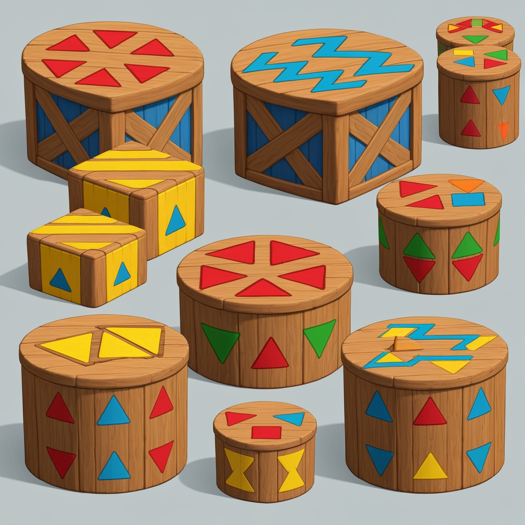 AI Design for Create game like assets for wooden platforms with simple vibrant colors nice textures readable clear distinct and iconic for wooden platforms that have designs that include colored shapes such as yellow triangles green red blue orange triangles squares any shape goind in a oattern zigzag or others off fitting to make nice textures and and I repeat do not include any pink purple magenta and cyan in the patterns make them cool interesting recognizable fun distinct design wooden platforms that look like video game platforms that have patterns in our cool colorful have nice patterns like combinations green yellow and red really featuring Red as the main color so it's still on a wooden plate green yellow as it's accent triangle color and red is simply a line color and orange and then having a blue zigzag everywhere and then having stuff like yellow main and orange squares green red yellow blue red blue orange stuff like that on platforms that are suited have like not crates yet like a platforms yeah you would then have like those you would have the platforms that are kind of more circular they're notlike like tall you're kind of like short in a sense where what I mean by describing short is not too tall they're not very thick so it's from that add those patterns don't include purple pink cyan or colors like so and design some interesting ideas like maybe a longer ones that are kind of like sticks and they have like a center point that spins and a size from that thank you and take your time