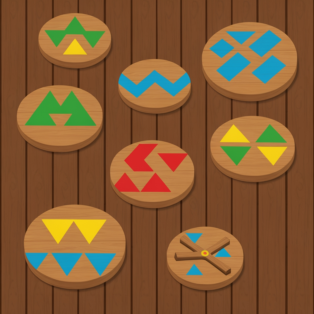 AI Design for Create game like assets for wooden platforms with simple vibrant colors nice textures readable clear distinct and iconic for wooden platforms that have designs that include colored shapes such as yellow triangles green red blue orange triangles squares any shape goind in a oattern zigzag or others off fitting to make nice textures and and I repeat do not include any pink purple magenta and cyan in the patterns make them cool interesting recognizable fun distinct design wooden platforms that look like video game platforms that have patterns in our cool colorful have nice patterns like combinations green yellow and red really featuring Red as the main color so it's still on a wooden plate green yellow as it's accent triangle color and red is simply a line color and orange and then having a blue zigzag everywhere and then having stuff like yellow main and orange squares green red yellow blue red blue orange stuff like that on platforms that are suited have like not crates yet like a platforms yeah you would then have like those you would have the platforms that are kind of more circular they're notlike like tall you're kind of like short in a sense where what I mean by describing short is not too tall they're not very thick so it's from that add those patterns don't include purple pink cyan or colors like so and design some interesting ideas like maybe a longer ones that are kind of like sticks and they have like a center point that spins and a size from that thank you and take your time