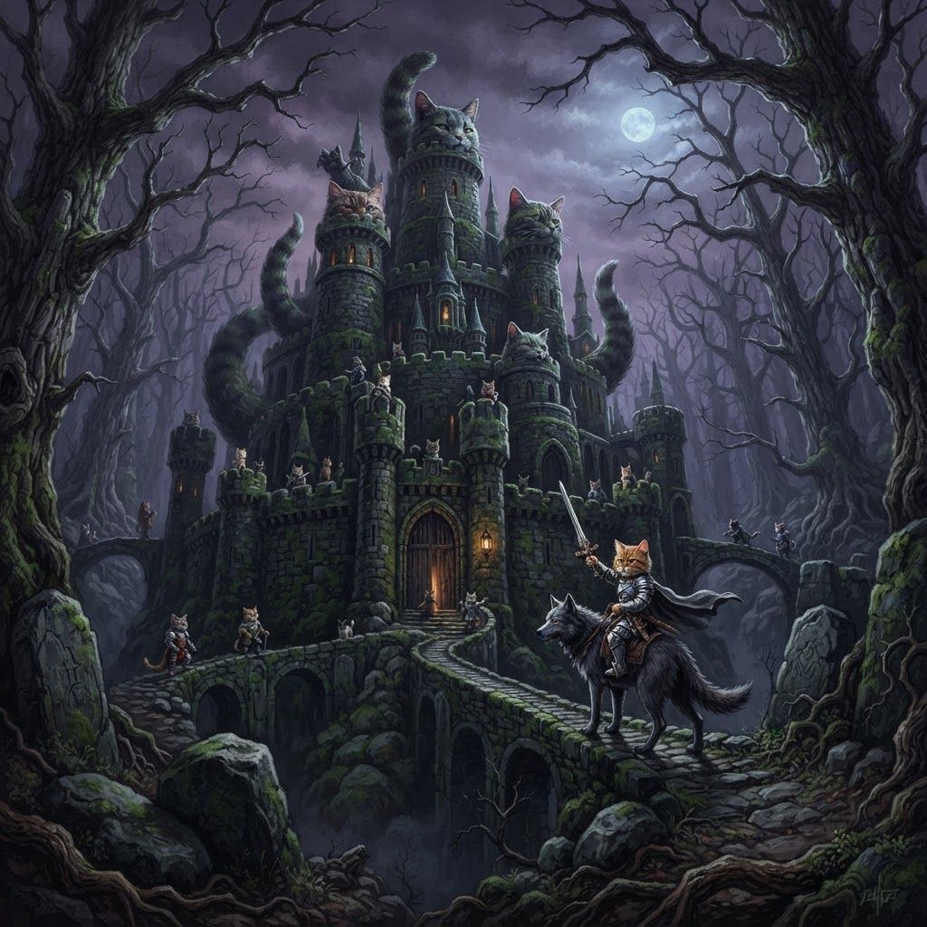AI Design for Design this sort of dark fantasy feel get a sound very dark and depressed and is more of like impressive kind of retro styled fantasy Castle it's very big it's a very unique shape it's in a forest and it's like for a cat series of feline and nights and these images in the prompt bar are simply inspiration for the lighting