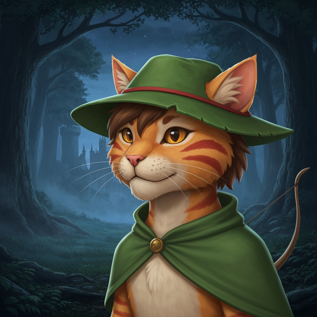 AI Design for Sure — here's the complete description based exactly on what you just described, without adding a new outfit or changing his established design.

🌲 Jasper Embermane — Dark Fantasy Version

Jasper is an orange tabby cat with a natural, slightly realistic feline appearance. His fur should have believable texture and anatomy while still preserving his recognizable Embermane character design.

🐈 Face & Fur

Warm orange tabby fur covering his body.

Slightly darker reddish-brown stripes.

Two reddish-brown stripes on each cheek, one of his most recognizable markings.

His head has his characteristic brown hair/mane, giving him a slightly distinctive, rugged appearance.

His ears are orange, with roughly the upper third of each ear covered in a reddish-brown color.

His facial features should look like a real cat's, but remain expressive enough to recognize Jasper immediately.


🎩 Hat

Jasper wears his familiar green archer's hat.

Natural, slightly worn material.

A simple red band/outline around the hat where the brim meets the main body.

The hat should feel like something made for traveling through a forest rather than polished royal clothing.

Keep the design recognizable and understated.


🧥 Cloak

Jasper wears his familiar green cloak.

It should have a natural, practical appearance, with believable cloth texture and subtle signs of use.

🏹 Equipment

Jasper carries his bow, reinforcing that he's an archer rather than a heavily armored fantasy warrior.

His equipment should remain simple and practical.


---

🌙 Environment

Jasper is standing in a large, atmospheric forest at night.

The forest should feel enormous and ancient, with:

Tall trees surrounding him

Dense woodland vegetation

Deep shadows between the trees

Subtle moonlight filtering through branches

Atmospheric haze or mist

Natural earthy textures


Through an opening in the forest, a large castle can be seen in the distance.

The castle shouldn't dominate the image—it should feel like something Jasper has discovered beyond the trees, giving the scene a sense of exploration and mystery.


---

🎬 Overall Visual Style

The whole scene should have that dark-fantasy AI image aesthetic you were describing:

realistic but fantastical, nighttime, cinematic, atmospheric, slightly dark, natural colors, detailed fur, subtle film-like filtering, deep shadows, and dramatic moonlight.

It shouldn't look like a bright cartoon or overly polished 3D animation.

At the same time, Jasper shouldn't become an ordinary photorealistic cat—the orange fur, reddish-brown markings, brown mane, green hat, red hat band, green cloak, and bow need to make him unmistakably Jasper.