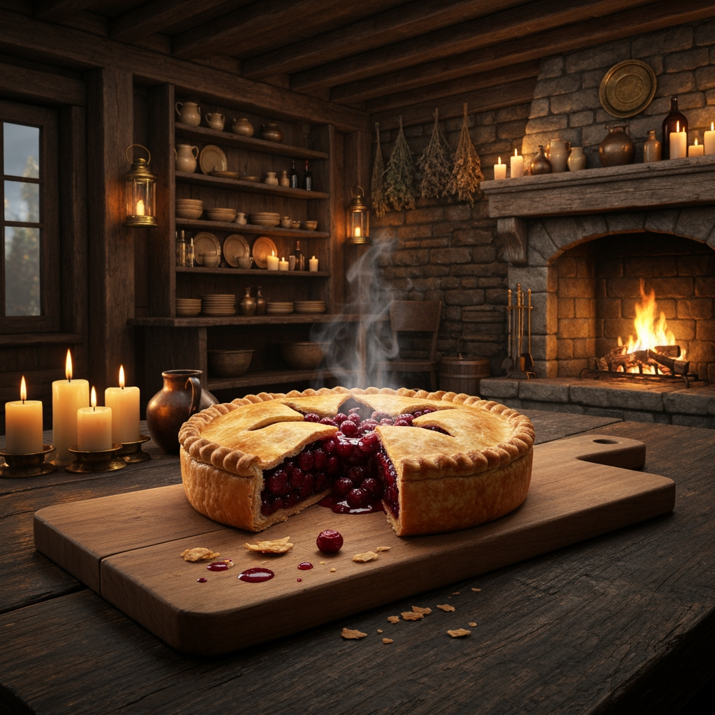 AI Design for 🥧 Example — Thornberry Pie
A rustic Thornberry Pie sits on a heavy wooden serving board. It has a beautifully baked golden-brown flaky crust with slightly uneven handmade edges. Several dark ruby-red Thornberries are visible through a small opening in the crust, with glossy berry filling bubbling gently underneath. A little steam rises from the freshly baked pie. A few crumbs and tiny drops of berry filling sit naturally on the wooden board.
The pie should look extremely appetizing and freshly baked, with realistic pastry layers, glossy fruit filling and warm golden highlights from the fireplace.🍽️ Master Elderwood Tavern Style
Put this at the very beginning of every prompt:
Photorealistic cinematic dark-fantasy food photography inside a cozy medieval woodland tavern in Elderwood. This is a real, physically believable tavern, not an illustration. The interior has aged dark wooden tables, rough stone walls, exposed wooden beams, shelves filled with ceramic dishes and bottles, hanging dried herbs, candles, brass lanterns, and a large stone fireplace. Warm amber firelight and candlelight illuminate the room, creating soft realistic shadows and highlights, while the corners of the tavern remain naturally darker and atmospheric. The scene feels warm, rustic, lived-in and slightly mysterious, like a still frame from a high-budget live-action dark-fantasy film. Realistic materials, realistic food textures, natural imperfections, subtle cinematic film grain, shallow depth of field.
Then add:
The food is the clear centerpiece of the image. It must look genuinely delicious, freshly prepared, warm, edible and appetizing, with realistic textures, steam, moisture, crumbs, sauces and natural imperfections. It should look like real medieval cuisine with fantastical ingredients—not cartoon food, not toy-like food, not plastic, not an illustration. How to catch chef that just finished making your meal and he's looking at you to see if you like it