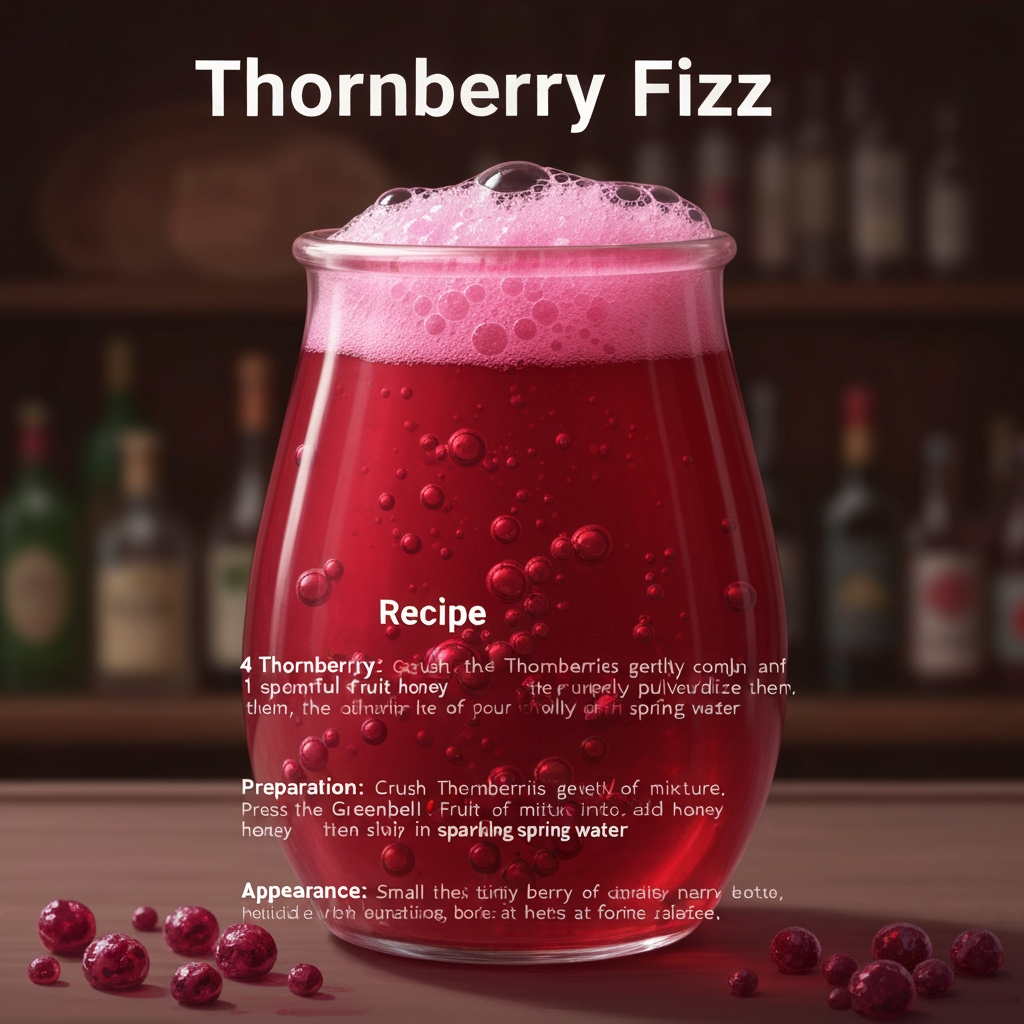 AI Design for Fantasy cat bar with car tavern serve potion 🍓 Thornberry Fizz
Recipe
4 Thornberries
1 Greenbell Fruit
1 spoonful of honey
Sparkling spring water
Preparation: Crush the Thornberries gently rather than completely pulverizing them. Press the Greenbell Fruit into the mixture, add honey, then slowly pour in sparkling spring water.
Appearance: A vibrant ruby-red and magenta drink, filled with countless tiny bubbles. Small pieces of berry pulp float naturally near the bottom, while a thin pink foam forms at the surface. So a cat would serve you this in a Tavern in a fantasy series