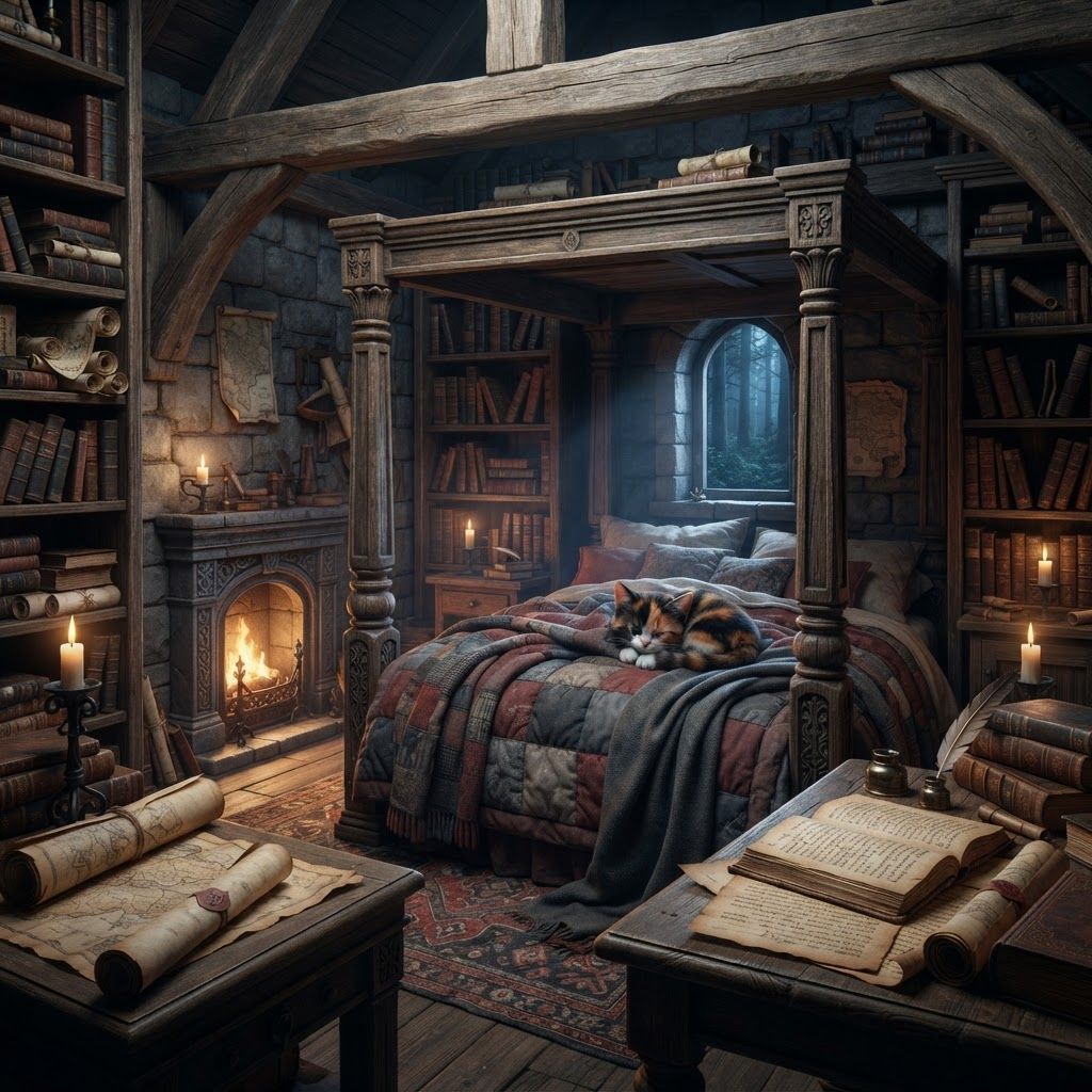 AI Design for ? Archive Loft — Revised Prompt
> A cozy medieval fantasy bedroom hidden inside the upper loft of an ancient woodland archive in Elderwood. The room has a gray, deep red, and muted blue color palette, with aged gray stone and weathered wooden beams. A large, tall four-poster bed dominates the room, covered in soft gray, deep red, and blue blankets. A calico cat librarian is peacefully sleeping in the bed, comfortably curled beneath the blankets.
A warm fireplace burns beside the bed, casting beautiful golden light across the cool gray walls and creating a cozy contrast with the red and blue furnishings. Huge bookshelves surround the room, filled with old books, scrolls, maps, manuscripts, ink bottles and quill pens. A wooden writing desk sits nearby with an open book and several carefully rolled maps.
A small arched window overlooks the dark Elderwood forest, with faint moonlight filtering through the trees. Candles, old brass fixtures, subtle dust particles, and tiny details of a working librarian's life make the room feel genuinely lived-in.
Realistic woodland fantasy aesthetic, cinematic dark-fantasy atmosphere, warm fireplace lighting, cool gray shadows, rich muted red and blue accents, detailed natural materials, nostalgic forgotten-childhood-fantasy feeling, beautiful and peaceful, slightly mysterious, believable medieval architecture, no modern objects.