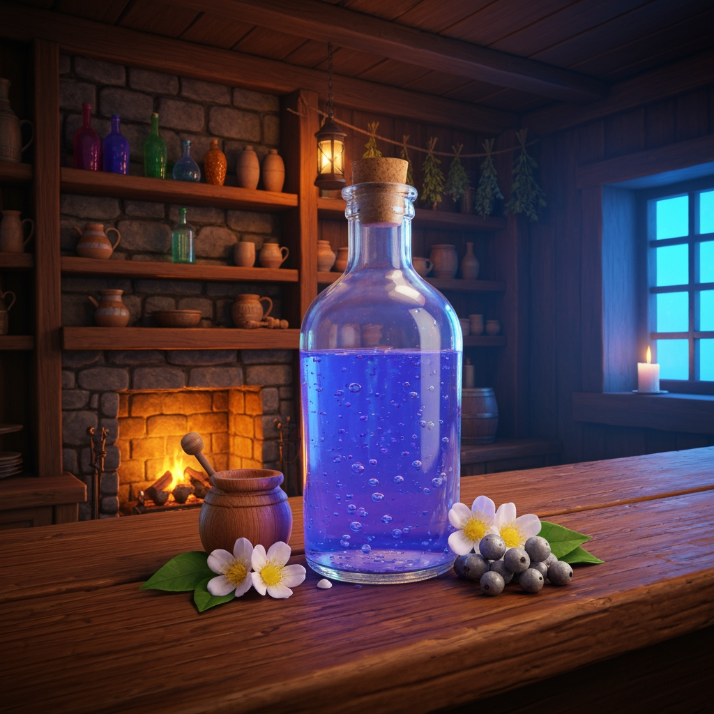 AI Design for 🍹 1. Moonmelt Tonic
Create a realistic cinematic fantasy still-life inside the Bushwhack Tavern in Elderwood. On a beautifully worn wooden tavern counter sits a glass bottle of Moonmelt Tonic, filled with vivid blue-violet liquid that looks physically believable, with translucent liquid, realistic glass reflections, tiny suspended silver particles and subtle natural bubbles. The bottle is handmade and slightly imperfect, with a cork stopper decorated with a tiny crescent-moon carving.
Beside the bottle are realistic Moonmelt Blossoms, Silverdew Berries and a small wooden honey jar, arranged naturally as the ingredients. Behind the counter are wooden shelves containing other colorful bottles, ceramic mugs, herbs hanging from beams and softly glowing lanterns. A stone fireplace casts warm orange light across the tavern while cooler blue light enters through a nearby window.
The environment should feel real and tangible, with physically believable wood grain, glass, liquid refraction, fabric, stone, candlelight and shadows. The fantasy elements should feel naturally integrated into the world rather than looking like cartoon objects.
Flavor: sweet honey, soft berries and a delicate floral finish.
Effect: helps travelers remain alert during long nighttime journeys.
Visual style: realistic medieval woodland fantasy, cinematic photography, natural textures, realistic lighting, vibrant but believable colors, shallow atmospheric depth, handcrafted Elderwood aesthetic, beautiful and nostalgic, no characters, drink prominently centered and completely visible. But here is the thing make it like a realistic a glass bottle from the medieval era like a cat Tavern this is very important and make you like hyper realistic here's a thing hyper realism okay okay okay okay