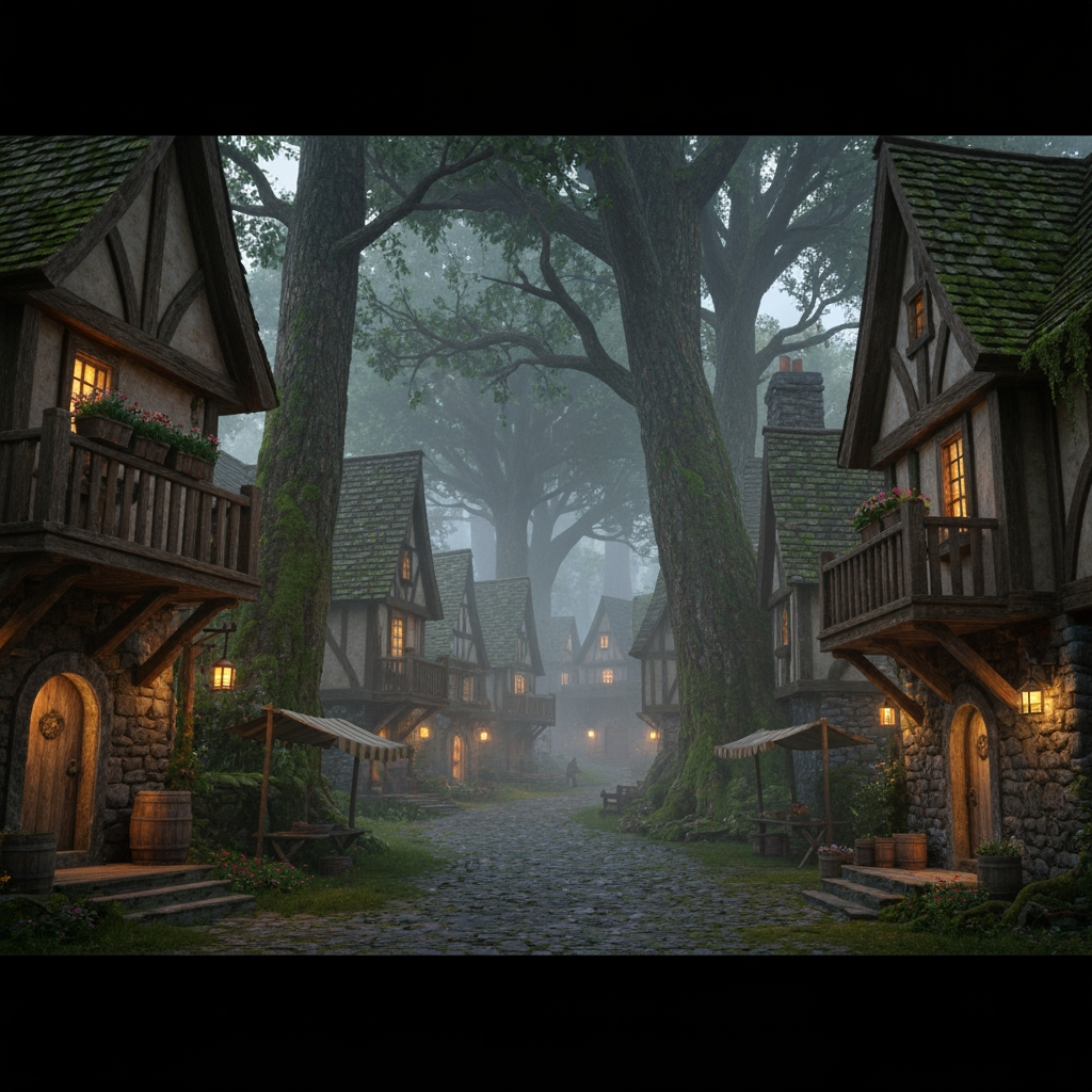 AI Design for 🌲 1. Elderwood Village
Photorealistic cinematic dark-fantasy film still of Elderwood Village, a peaceful medieval woodland settlement hidden among enormous ancient trees. Rustic timber-and-stone houses line a winding cobblestone street, with wooden balconies, flower boxes, hanging lanterns, little market stalls and moss growing naturally over old walls. Tall trees surround the village, their branches forming a canopy overhead. Warm golden lights glow from windows and doorways as evening mist settles between the buildings. A few distant cat villagers can be naturally present, but they are small background figures rather than the focus. Realistic wood, stone, foliage, atmospheric fog, natural imperfections, subtle film grain, realistic lighting, nostalgic fantasy atmosphere, like a still from a live-action dark-fantasy movie. No cartoon, no illustration, no anime, no 3D animation.