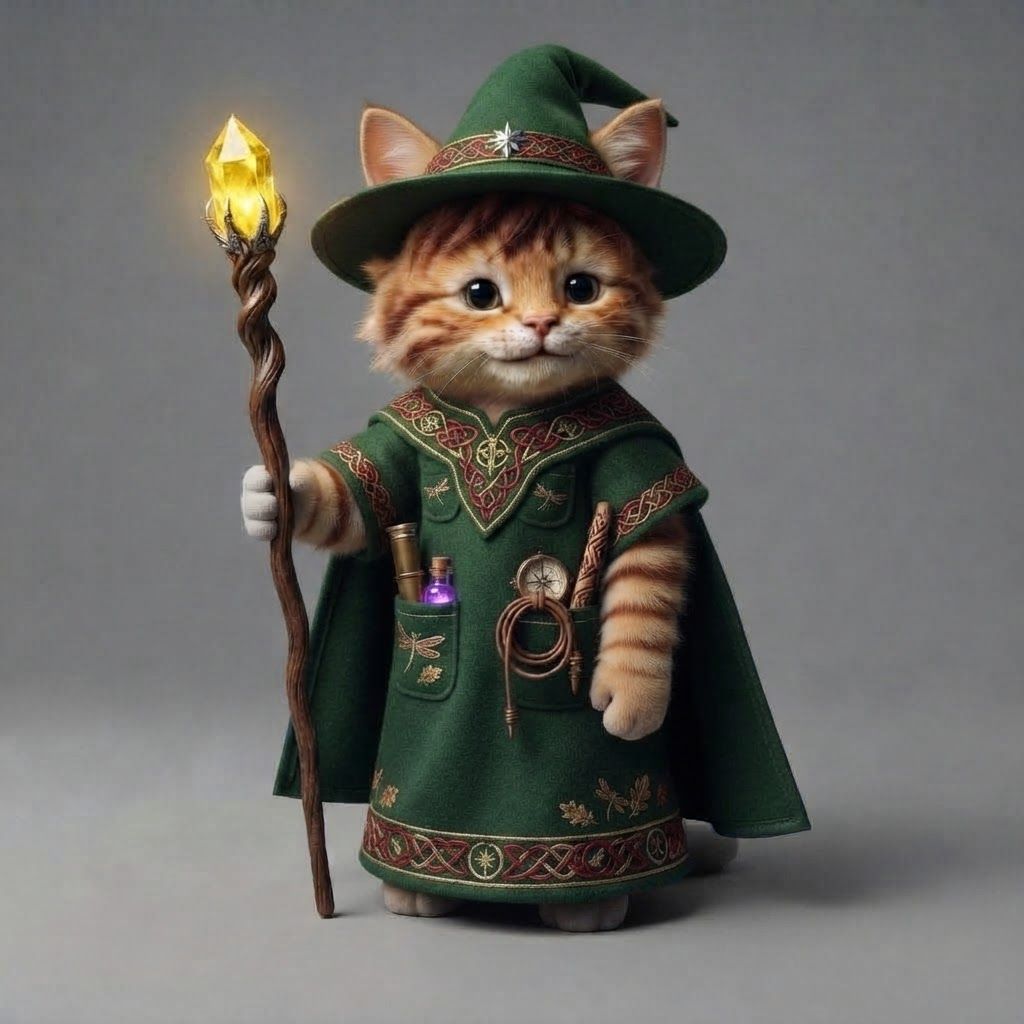 AI Design for Take this cat all of its main features details hair for stripes tips on its cat ears the colors the style everything and put on this blue wizard robe except I wanted to be short sleeved including the Cape at all the things in his pockets just make it really fantasy but make it like green with red accents in a pattern and that's it