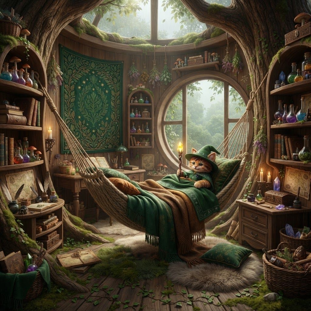 AI Design for Yeah, I see it — not just a rustic little wizard bedroom, but a genuinely beautiful, richly decorated room that still feels cozy and lived-in.
🌿 Walthazar's Bedroom — Refined Description
Walthazar's bedroom sits on the highest floor of Wizard's Hollow, nestled inside the upper trunk of the enormous hollow tree. The room is fairly spacious, but its rounded wooden walls, low ceiling, and tucked-away position make it feel intimate and snug without being cramped.
The centerpiece is a beautiful deep emerald-green tapestry hanging across one of the curved wooden walls. It's richly woven with subtle woodland patterns—leaves, twisting branches, tiny stars and perhaps an understated Embermane motif. The green fabric gives the room a warm, magical identity and contrasts beautifully with the natural brown wood.
A huge rounded window looks directly out over the Elderwood canopy. The treetops stretch into the distance beneath the window, making the room feel like it's sitting high above the entire forest. Soft daylight filters through the leaves and illuminates the room naturally.
Walthazar sleeps in his large hanging hammock, suspended securely between sections of the tree. It's filled with soft blankets and pillows in earthy greens, browns and warm amber tones. A little wooden step or stool sits beside it.
The room is filled with interesting little belongings everywhere:
📚 Tall stacks of spellbooks and old journals
🧪 Colorful potion bottles and glass flasks
🌿 Dried herbs hanging from wooden beams
🍄 Small potted mushrooms and plants
🕯️ Candles in carved wooden and iron holders
🗺️ Rolled maps tucked into shelves
🪶 Quills and ink pots
🔮 Small magical curiosities and crystals
🪵 Carved wooden boxes containing mysterious ingredients
🧺 Baskets filled with herbs and collected forest materials
Some shelves are built directly into the tree itself, following the curves of the trunk. Others are freestanding, handmade pieces of furniture.
There are soft rugs and mossy patches across the wooden floor, giving the room a natural forest-floor feeling. Little vines creep around the edges of some shelves and window frames.
The room isn't messy—it is beautifully cluttered. Everything feels like something Walthazar has collected during his life: books he's actually read, potions he's made, plants he's gathered, maps he's explored and little objects he simply thought were interesting.
The overall palette is emerald green, natural walnut-brown, warm amber, muted gold and touches of earthy orange, making it feel unmistakably like the bedroom of an Embermane wizard living inside an ancient forest tree.
It should feel like the kind of room where you could spend an entire rainy afternoon reading beside the window. 🌿📚🧪