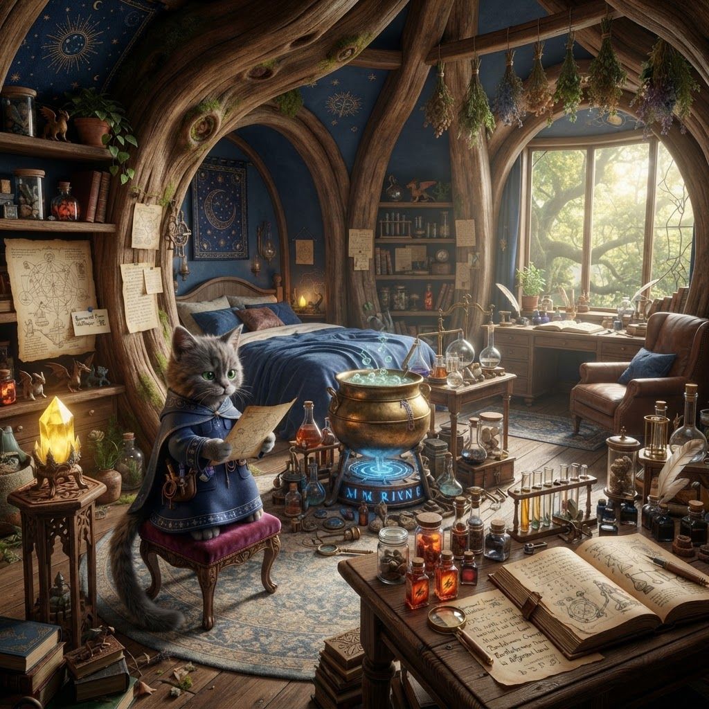 AI Design for ? Jonathan Bartle Gergenrath — Bedroom Prompt
> PHOTOREALISTIC LIVE-ACTION DARK-FANTASY FILM STILL. A beautiful, cozy yet highly sophisticated bedroom belonging to Jonathan Bartle Gergenrath, one of the three wizard cats of Wizard's Hollow. His bedroom is located inside the upper floors of the enormous ancient hollow tree in Elderwood. The image should look like a frame from a high-budget live-action medieval fantasy movie, with realistic practical lighting, physically believable materials and extremely detailed environmental textures.
Jonathan Bartle Gergenrath is a small bipedal anthropomorphic cat, sitting comfortably inside his bedroom. He has realistic feline anatomy, detailed natural fur, expressive feline eyes, whiskers, paws, a long tail and clearly recognizable cat ears. He wears his distinctive deep blue wizard's robe, with elegant subtle patterns and carefully embroidered magical details. His yellow magical crystal is visible somewhere in the room, displayed safely on a small carved wooden stand.
The entire room has a beautiful deep blue and muted sapphire color scheme, while the natural wooden structure of the hollow tree remains visible underneath. The walls are curved living wood with blue-painted sections, exposed warm-brown wood grain, natural knots and subtle moss. The blue decoration should feel elegant and magical rather than artificial.
Jonathan's bedroom is noticeably more scientific and experimental than the other wizards' rooms. He has an impressive collection of magical scientific equipment: glass flasks, test tubes, measuring vessels, strange mineral samples, magnifying lenses, little mechanical instruments, scales, notebooks, diagrams, specimen jars and carefully labeled containers.
At the center of the room is a large medieval brewing pot / cauldron, sitting over a sturdy magical heating mechanism. It is surrounded by wooden tables covered with experiments, glass containers and carefully arranged ingredients. A faint amount of harmless steam rises from the pot.
Jonathan has clearly borrowed quite a few things from his great friend Walthazar Embermane. Some of Walthazar's distinctive bottles, herbs, books and small tools can be seen among Jonathan's equipment, slightly mismatched with the rest of the collection. There are also a few smaller objects borrowed from Bartholomew Crumpet, such as tiny jars, unusual ingredients and little tools. They aren't stolen maliciously—these are clearly the belongings of close friends who casually share their things. Some objects even have little handwritten labels or notes reminding Jonathan where they came from.
Walthazar doesn't mind at all, and this should feel like a charming detail of their friendship rather than a conflict.
The room contains beautiful wooden shelves built directly into the tree, packed with scientific notes, spellbooks, rolled diagrams, maps, glass containers and mysterious specimens. A large writing desk sits beside a window, covered in handwritten calculations, magical diagrams, ink bottles, quills and an open notebook.
The window overlooks the dense green Elderwood forest, with enormous ancient trees stretching into the distance. Soft morning or afternoon light filters through the canopy and reflects through the glass containers, creating little highlights across the room.
Add cozy details so the room doesn't feel like a laboratory: a comfortable bed with deep blue blankets, several cushions, a soft rug, a few potted plants, small stuffed fantasy creatures sitting on a shelf, hanging herbs and a comfortable reading chair beside the window.
The room should feel organized but actively used. Jonathan is clearly someone who constantly experiments, studies and investigates things, so there are many objects everywhere—but they are arranged thoughtfully rather than being an untidy mess.
Photorealistic realistic feline fur, believable bipedal cat anatomy, detailed whiskers and paws, realistic wood grain, glass, metal, fabric, paper and stone, physically believable lighting, realistic reflections in glass, subtle atmospheric haze, cinematic depth of field, subtle film grain, rich environmental detail, high-end live-action dark-fantasy cinematography.
No cartoon, no illustration, no anime, no children's-book style, no 3D animation, no plastic-looking characters, no human body with a cat head, no modern laboratory equipment, no futuristic technology, no excessive glowing magic.