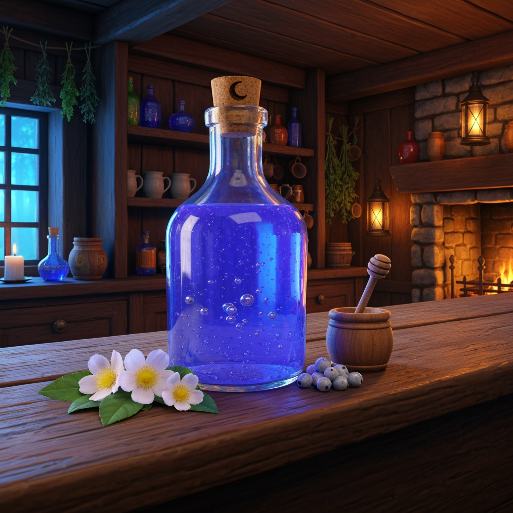AI Design for 🍹 1. Moonmelt Tonic
Create a realistic cinematic fantasy still-life inside the Bushwhack Tavern in Elderwood. On a beautifully worn wooden tavern counter sits a glass bottle of Moonmelt Tonic, filled with vivid blue-violet liquid that looks physically believable, with translucent liquid, realistic glass reflections, tiny suspended silver particles and subtle natural bubbles. The bottle is handmade and slightly imperfect, with a cork stopper decorated with a tiny crescent-moon carving.
Beside the bottle are realistic Moonmelt Blossoms, Silverdew Berries and a small wooden honey jar, arranged naturally as the ingredients. Behind the counter are wooden shelves containing other colorful bottles, ceramic mugs, herbs hanging from beams and softly glowing lanterns. A stone fireplace casts warm orange light across the tavern while cooler blue light enters through a nearby window.
The environment should feel real and tangible, with physically believable wood grain, glass, liquid refraction, fabric, stone, candlelight and shadows. The fantasy elements should feel naturally integrated into the world rather than looking like cartoon objects.
Flavor: sweet honey, soft berries and a delicate floral finish.
Effect: helps travelers remain alert during long nighttime journeys.
Visual style: realistic medieval woodland fantasy, cinematic photography, natural textures, realistic lighting, vibrant but believable colors, shallow atmospheric depth, handcrafted Elderwood aesthetic, beautiful and nostalgic, no characters, drink prominently centered and completely visible.