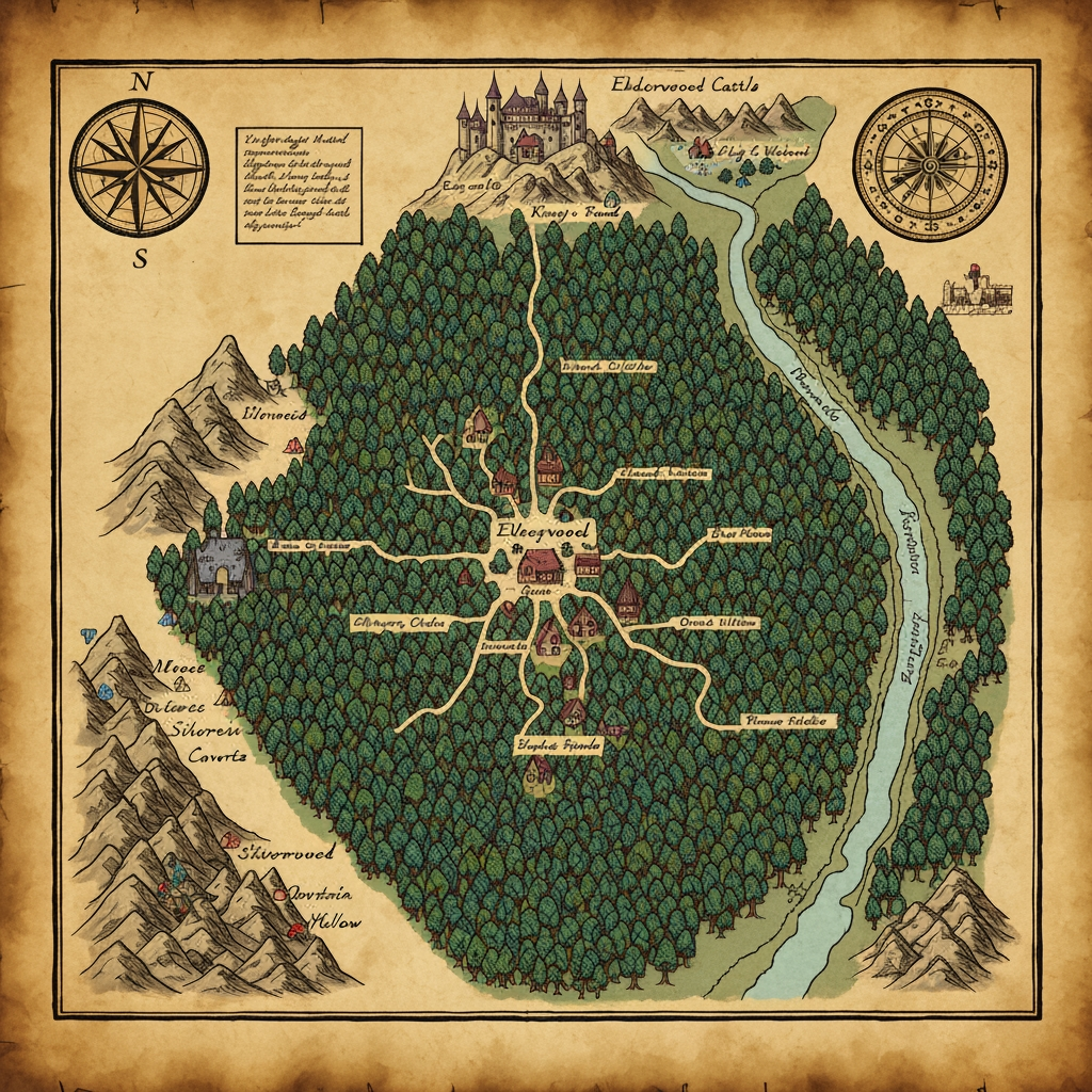 AI Design for The map of Elderwood should feel like an actual old adventurer's map that exists inside your world—not a clean modern game map. I’d picture it as something a cartographer carefully drew by hand over years of exploration.
🗺️ Overall appearance
Old, slightly yellowed parchment, with uneven edges and subtle stains.
Hand-drawn ink illustrations rather than perfectly precise lines.
A mixture of dark brown, muted green, blue, and faded red ink.
Small handwritten notes and symbols scattered around the map.
A decorative compass rose in one corner.
A few little drawings of trees, mountains, castles and creatures around important landmarks.
The map should be detailed enough that you could imagine actually navigating with it.
🌲 The center — Elderwood Village
At the heart of the map is Elderwood Village, surrounded by a huge cluster of illustrated trees.
The village could be represented by:
> 🏘️ Elderwood Village
with tiny drawings of cottages, a tavern and winding paths.
Several paths branch outward from the village.
🌳 The Deepwood
The largest area surrounding Elderwood should be Deepwood.
Instead of drawing every tree individually, use dense clusters of little hand-drawn tree symbols.
Inside Deepwood you could mark:
🌿 Whispering Glade
🌉 Old Root Bridge
💧 Moonstream
🧙 Wizard's Hollow
🦉 Owlwatch
🍄 Mushroom Hollow
Some areas should simply fade into:
> “Unexplored Woodland”
which makes the world feel bigger.
🏰 Northern area — Elderwood Castle
Farther north, beyond the forest, place the Elderwood Castle on a hill.
Draw a tiny but recognizable castle with several towers and a winding road leading toward it.
Around it:
> Castle Road
King's Forest
Old Watchtower
⛏️ Western area — Mines
To the west, the forest becomes rocky and mountainous.
Mark:
> ⛏️ Elderwood Mines
🪨 Silvervein Caverns
💎 Ruby Hollow
Draw little mountain symbols and mine entrances.
🌊 Eastern area — Riverlands
A large winding river could run through the eastern side of the map.
Call it something like:
> Elder River
Then add:
🌉 Old Stone Bridge
🏕️ Riverside Camp
🌾 Meadowfields
🛶 Fishercat Crossing
Eventually the river could disappear off the edge of the map, suggesting that Elderwood is only one part of a much larger world.
🍄 Southern area — Wildwood
The southern forest could become less civilized and much denser.
> The Wildwood
Add strange little symbols for:
Giant mushrooms
Abandoned ruins
Hidden caves
Strange animal tracks
A forgotten shrine
And perhaps a handwritten warning:
> “Paths become unreliable beyond this point.”
🧭 Map details
I'd also add little cartographer touches:
Top: decorative compass rose
Bottom: hand-drawn scale
Corners: tiny sketches of leaves, mushrooms and animals
Edges: handwritten notes about locations
Some areas: deliberately unfinished or faded
And importantly, don't make the entire map perfectly filled in. Leave some blank parchment around the edges.
That gives you the feeling that Elderwood is a real place waiting to be explored, rather than a world where everything has already been discovered.
