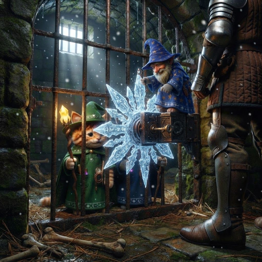 AI Design for Make the snow open the gate for them and give them back their staffs because he's the good guy so like Make the night fall and  put the gnome on top of him so he can reach the gate and unlock the gates of so they can survive