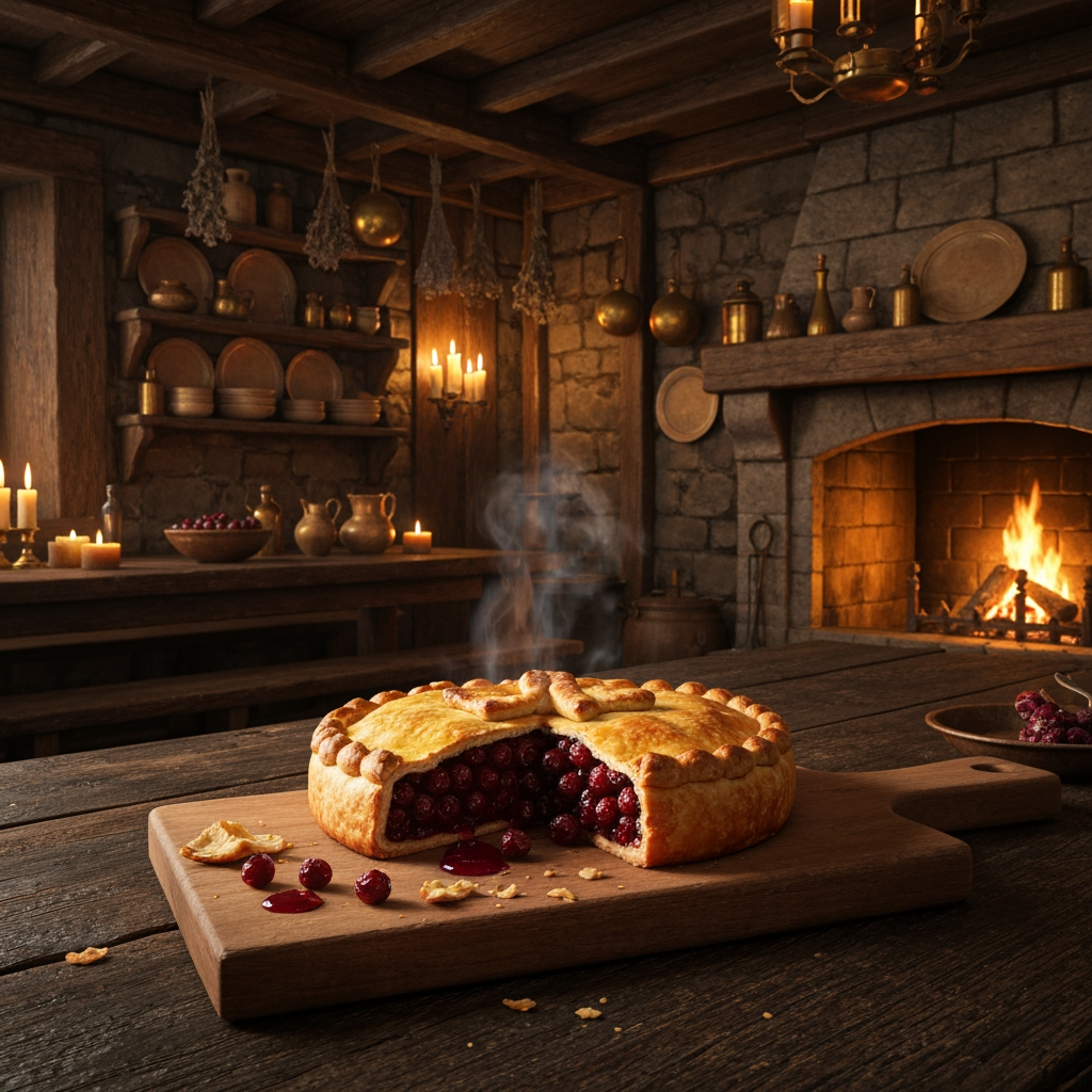 AI Design for 🥧 Example — Thornberry Pie
A rustic Thornberry Pie sits on a heavy wooden serving board. It has a beautifully baked golden-brown flaky crust with slightly uneven handmade edges. Several dark ruby-red Thornberries are visible through a small opening in the crust, with glossy berry filling bubbling gently underneath. A little steam rises from the freshly baked pie. A few crumbs and tiny drops of berry filling sit naturally on the wooden board.
The pie should look extremely appetizing and freshly baked, with realistic pastry layers, glossy fruit filling and warm golden highlights from the fireplace.🍽️ Master Elderwood Tavern Style
Put this at the very beginning of every prompt:
Photorealistic cinematic dark-fantasy food photography inside a cozy medieval woodland tavern in Elderwood. This is a real, physically believable tavern, not an illustration. The interior has aged dark wooden tables, rough stone walls, exposed wooden beams, shelves filled with ceramic dishes and bottles, hanging dried herbs, candles, brass lanterns, and a large stone fireplace. Warm amber firelight and candlelight illuminate the room, creating soft realistic shadows and highlights, while the corners of the tavern remain naturally darker and atmospheric. The scene feels warm, rustic, lived-in and slightly mysterious, like a still frame from a high-budget live-action dark-fantasy film. Realistic materials, realistic food textures, natural imperfections, subtle cinematic film grain, shallow depth of field.
Then add:
The food is the clear centerpiece of the image. It must look genuinely delicious, freshly prepared, warm, edible and appetizing, with realistic textures, steam, moisture, crumbs, sauces and natural imperfections. It should look like real medieval cuisine with fantastical ingredients—not cartoon food, not toy-like food, not plastic, not an illustration.