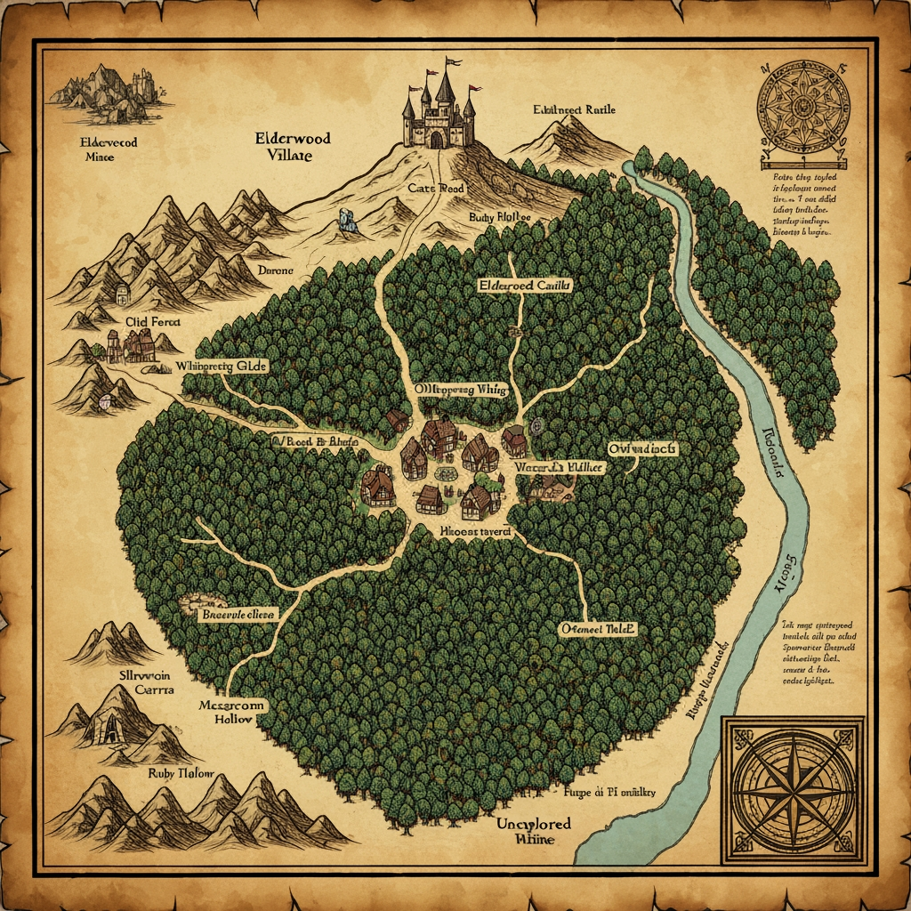 AI Design for The map of Elderwood should feel like an actual old adventurer's map that exists inside your world—not a clean modern game map. I’d picture it as something a cartographer carefully drew by hand over years of exploration.
🗺️ Overall appearance
Old, slightly yellowed parchment, with uneven edges and subtle stains.
Hand-drawn ink illustrations rather than perfectly precise lines.
A mixture of dark brown, muted green, blue, and faded red ink.
Small handwritten notes and symbols scattered around the map.
A decorative compass rose in one corner.
A few little drawings of trees, mountains, castles and creatures around important landmarks.
The map should be detailed enough that you could imagine actually navigating with it.
🌲 The center — Elderwood Village
At the heart of the map is Elderwood Village, surrounded by a huge cluster of illustrated trees.
The village could be represented by:
> 🏘️ Elderwood Village
with tiny drawings of cottages, a tavern and winding paths.
Several paths branch outward from the village.
🌳 The Deepwood
The largest area surrounding Elderwood should be Deepwood.
Instead of drawing every tree individually, use dense clusters of little hand-drawn tree symbols.
Inside Deepwood you could mark:
🌿 Whispering Glade
🌉 Old Root Bridge
💧 Moonstream
🧙 Wizard's Hollow
🦉 Owlwatch
🍄 Mushroom Hollow
Some areas should simply fade into:
> “Unexplored Woodland”
which makes the world feel bigger.
🏰 Northern area — Elderwood Castle
Farther north, beyond the forest, place the Elderwood Castle on a hill.
Draw a tiny but recognizable castle with several towers and a winding road leading toward it.
Around it:
> Castle Road
King's Forest
Old Watchtower
⛏️ Western area — Mines
To the west, the forest becomes rocky and mountainous.
Mark:
> ⛏️ Elderwood Mines
🪨 Silvervein Caverns
💎 Ruby Hollow
Draw little mountain symbols and mine entrances.
🌊 Eastern area — Riverlands
A large winding river could run through the eastern side of the map.
Call it something like:
> Elder River
Then add:
🌉 Old Stone Bridge
🏕️ Riverside Camp
🌾 Meadowfields
🛶 Fishercat Crossing
Eventually the river could disappear off the edge of the map, suggesting that Elderwood is only one part of a much larger world.
🍄 Southern area — Wildwood
The southern forest could become less civilized and much denser.
> The Wildwood
Add strange little symbols for:
Giant mushrooms
Abandoned ruins
Hidden caves
Strange animal tracks
A forgotten shrine
And perhaps a handwritten warning:
> “Paths become unreliable beyond this point.”
🧭 Map details
I'd also add little cartographer touches:
Top: decorative compass rose
Bottom: hand-drawn scale
Corners: tiny sketches of leaves, mushrooms and animals
Edges: handwritten notes about locations
Some areas: deliberately unfinished or faded
And importantly, don't make the entire map perfectly filled in. Leave some blank parchment around the edges.
That gives you the feeling that Elderwood is a real place waiting to be explored, rather than a world where everything has already been discovered.