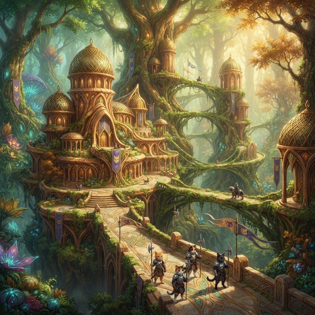 AI Design for Design a unique castle for a cat fantasy series that is beautiful unique you know beautiful Forest and it is essentially from a top-down view and there are a lot of bridges like Castle like pillars and it's very beautiful overall there's just like a really nice castle for this like fantasy series but it isn't way too dark or evil and it just like the perfect mix of good and good complex or anything and don't do a top down view more of just do a forward look onto the castle there's a lot of pillars but don't make it look like cats just make it look like cats would be there like some cat guards