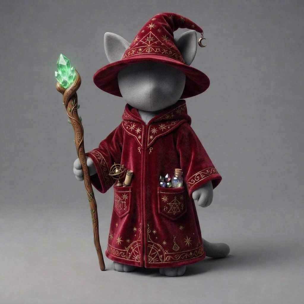 AI Design for I am writing a cat fantasy series and this is a mannequin for a cat clothes base so design and outfit for a a wizard robe in a medieval fantasy Style so essentially first they want you to do a very basic purple robe with the wizard hat and some tiny gizmos and stuff like that in your pockets and also hold like a staff of them blue crystal now do a red wizard robe and replace the blue crystal with a green clip crystal