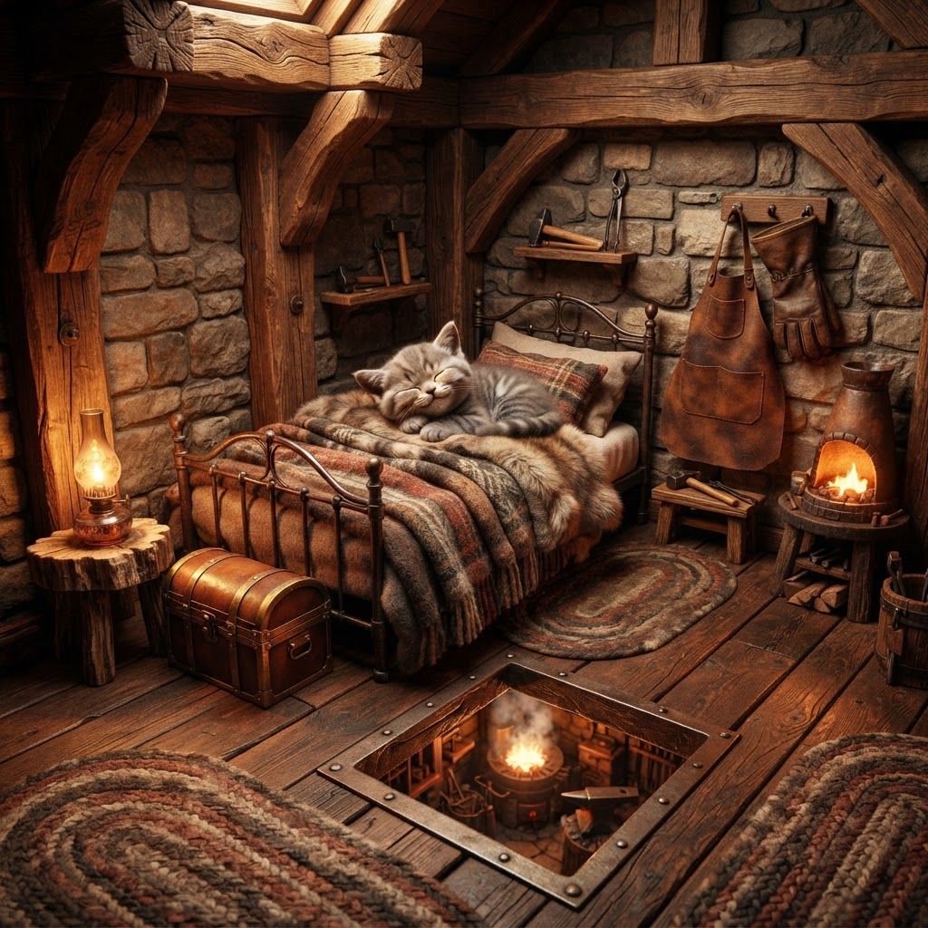 AI Design for ⚒️ The Forge Room — tiny warm bedroom above the blacksmith's workshop. Absolutely roasting in winter, but incredibly cozy. This Forge would be for a cat fantasy series and would be a bedroom that's kind of looking aesthetic photo with a cat already sleeping in bed like the cat fantasy would have my petal cats wearing these blacksmith outfits it would kind of include a lot of stone it would be kind of wide