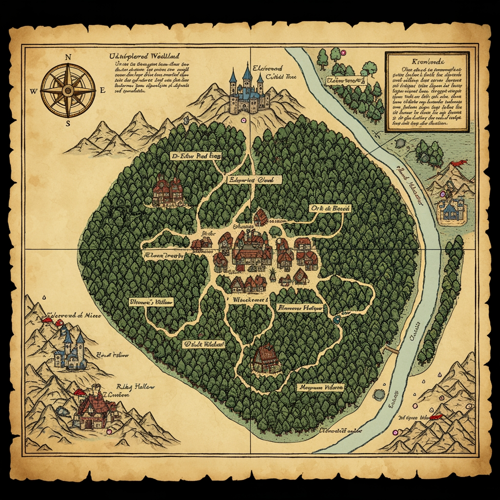 AI Design for The map of Elderwood should feel like an actual old adventurer's map that exists inside your world—not a clean modern game map. I’d picture it as something a cartographer carefully drew by hand over years of exploration.
🗺️ Overall appearance
Old, slightly yellowed parchment, with uneven edges and subtle stains.
Hand-drawn ink illustrations rather than perfectly precise lines.
A mixture of dark brown, muted green, blue, and faded red ink.
Small handwritten notes and symbols scattered around the map.
A decorative compass rose in one corner.
A few little drawings of trees, mountains, castles and creatures around important landmarks.
The map should be detailed enough that you could imagine actually navigating with it.
🌲 The center — Elderwood Village
At the heart of the map is Elderwood Village, surrounded by a huge cluster of illustrated trees.
The village could be represented by:
> 🏘️ Elderwood Village
with tiny drawings of cottages, a tavern and winding paths.
Several paths branch outward from the village.
🌳 The Deepwood
The largest area surrounding Elderwood should be Deepwood.
Instead of drawing every tree individually, use dense clusters of little hand-drawn tree symbols.
Inside Deepwood you could mark:
🌿 Whispering Glade
🌉 Old Root Bridge
💧 Moonstream
🧙 Wizard's Hollow
🦉 Owlwatch
🍄 Mushroom Hollow
Some areas should simply fade into:
> “Unexplored Woodland”
which makes the world feel bigger.
🏰 Northern area — Elderwood Castle
Farther north, beyond the forest, place the Elderwood Castle on a hill.
Draw a tiny but recognizable castle with several towers and a winding road leading toward it.
Around it:
> Castle Road
King's Forest
Old Watchtower
⛏️ Western area — Mines
To the west, the forest becomes rocky and mountainous.
Mark:
> ⛏️ Elderwood Mines
🪨 Silvervein Caverns
💎 Ruby Hollow
Draw little mountain symbols and mine entrances.
🌊 Eastern area — Riverlands
A large winding river could run through the eastern side of the map.
Call it something like:
> Elder River
Then add:
🌉 Old Stone Bridge
🏕️ Riverside Camp
🌾 Meadowfields
🛶 Fishercat Crossing
Eventually the river could disappear off the edge of the map, suggesting that Elderwood is only one part of a much larger world.
🍄 Southern area — Wildwood
The southern forest could become less civilized and much denser.
> The Wildwood
Add strange little symbols for:
Giant mushrooms
Abandoned ruins
Hidden caves
Strange animal tracks
A forgotten shrine
And perhaps a handwritten warning:
> “Paths become unreliable beyond this point.”
🧭 Map details
I'd also add little cartographer touches:
Top: decorative compass rose
Bottom: hand-drawn scale
Corners: tiny sketches of leaves, mushrooms and animals
Edges: handwritten notes about locations
Some areas: deliberately unfinished or faded
And importantly, don't make the entire map perfectly filled in. Leave some blank parchment around the edges.
That gives you the feeling that Elderwood is a real place waiting to be explored, rather than a world where everything has already been discovered.
