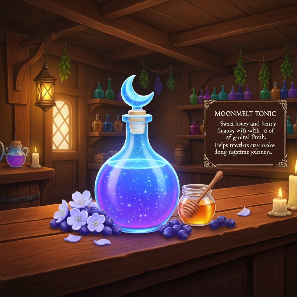 AI Design for 🍹 1. Moonmelt Tonic
Prompt:
A beautifully presented fantasy potion called Moonmelt Tonic displayed prominently on a wooden tavern counter inside the cozy Bushwhack Tavern in Elderwood. The drink is a vivid luminous blue-purple color with tiny silver sparkling particles floating through it, served in a charming glass bottle with a crescent-moon-shaped stopper. Around the bottle are Moonmelt Blossoms, Silverdew Berries and a small jar of golden honey. Warm tavern lanterns, wooden beams, shelves of colorful bottles, hanging herbs and soft candlelight in the background. The drink is perfectly centered and completely visible, colorful and visually striking. Include an elegant fantasy information placard beside it reading: MOONMELT TONIC — Sweet honey and berry flavor with a gentle floral finish. Helps travelers stay awake during long nighttime journeys. Cinematic realistic woodland fantasy, vibrant colors, handcrafted medieval aesthetic, beautiful atmospheric lighting. Make look realistic REALYSTIC IMAGE hyper realistic
