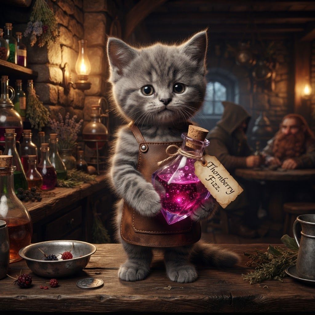 AI Design for Cat fantasy series with tavern bar cat serving you potion named thornberry fizz