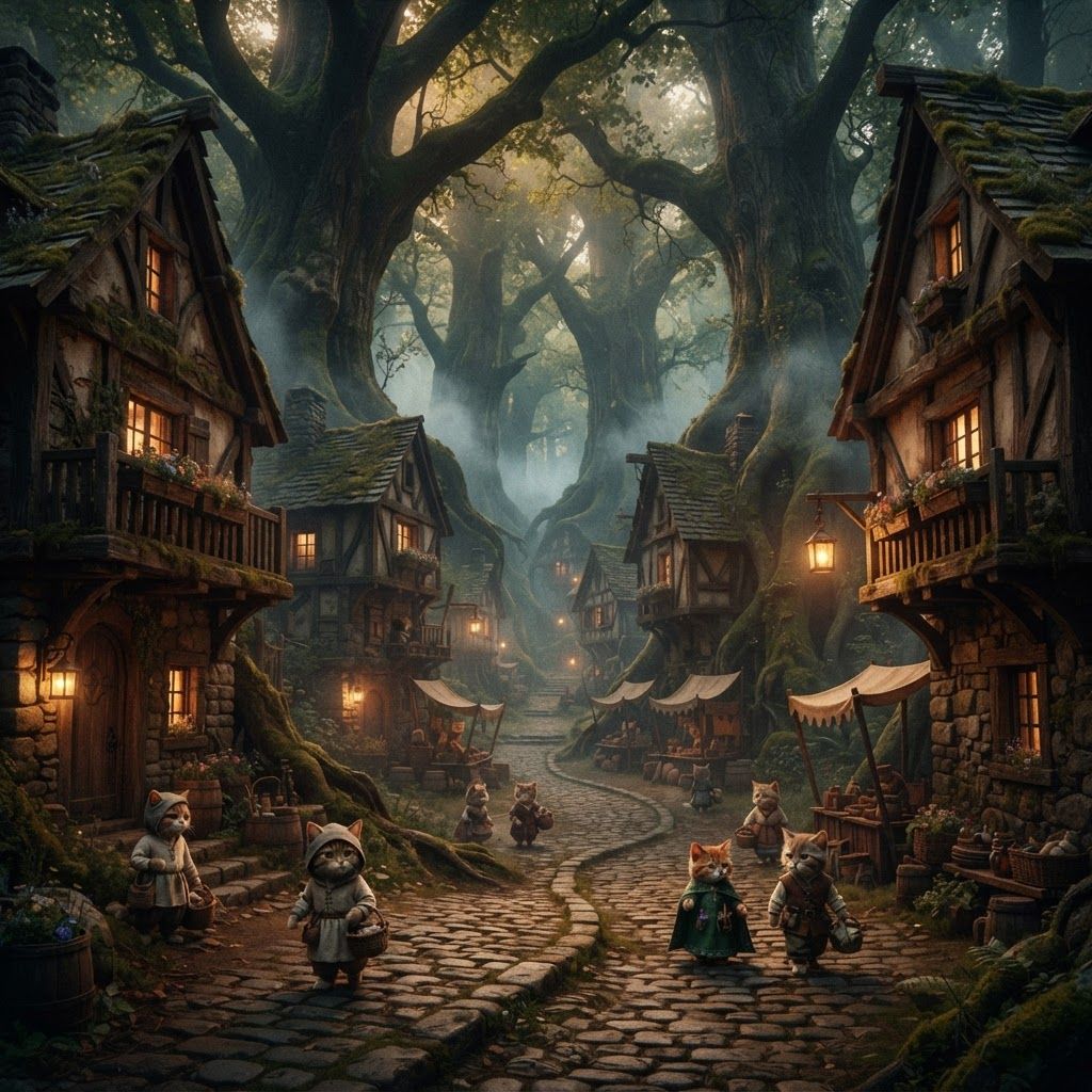 AI Design for 🌲 1. Elderwood Village
Photorealistic cinematic dark-fantasy film still of Elderwood Village, a peaceful medieval woodland settlement hidden among enormous ancient trees. Rustic timber-and-stone houses line a winding cobblestone street, with wooden balconies, flower boxes, hanging lanterns, little market stalls and moss growing naturally over old walls. Tall trees surround the village, their branches forming a canopy overhead. Warm golden lights glow from windows and doorways as evening mist settles between the buildings. A few distant cat villagers can be naturally present, but they are small background figures rather than the focus. Realistic wood, stone, foliage, atmospheric fog, natural imperfections, subtle film grain, realistic lighting, nostalgic fantasy atmosphere, like a still from a live-action dark-fantasy movie. No cartoon, no illustration, no anime, no 3D animation. Cats walking around with sinple mideval clothing