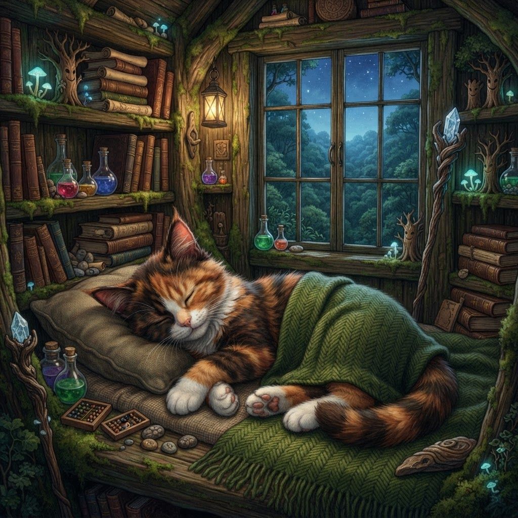 AI Design for 🌳 Greatwood Treehouse — wooden bedroom high among the branches, with a window overlooking the forest. Cat fantasy obviously like a bedroom that has like a hammock or something with this wizard cat sleeping I was like mossy and book shelves everywhere and this wizard like puts down his staff finally and he rest while he counts as potion bottles or something make you look like he's high in the trees and obviously don't forget to not mess up as details there's like include all the parts his ear tips stripes his hair include his dark reddish brown stripes is orange tabby for his brown reddish hair he's orange ears which have like the slightly darker tips like on the reference photo I'm like making where the cloak but he also has like a blanket like a bit like 35% covering his legs like something