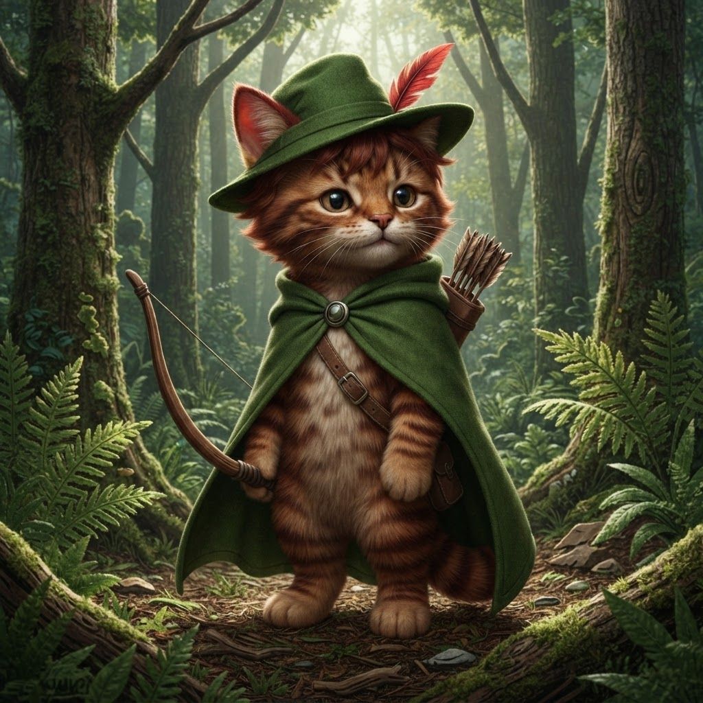 AI Design for The cat that I show you here on the image is how the image I want to look essentially a cat in a forest with all of these features with colored ear tips to stripes All across its body to the cloak to the Hat into all the features being present it make it into a more realistic cat it's still gave its hair that's reddish brown it's it's ears it's ear tips it's stripes on its cheeks on its whole body and really make it iconic in that fantasy feel mik the years follow a pattern with 1/3 of the ear on the top being reddish brown while whilst the other two-thirds are distinctly the orange for that he already has make it visible and distinctive make the make the stripes visible and not mutated with the skin make it very visible make him cute  make his stripes reddish brown give him his hair on the side on on the front on the back a bit and that's it essentially thank you and that is it essentially thank you