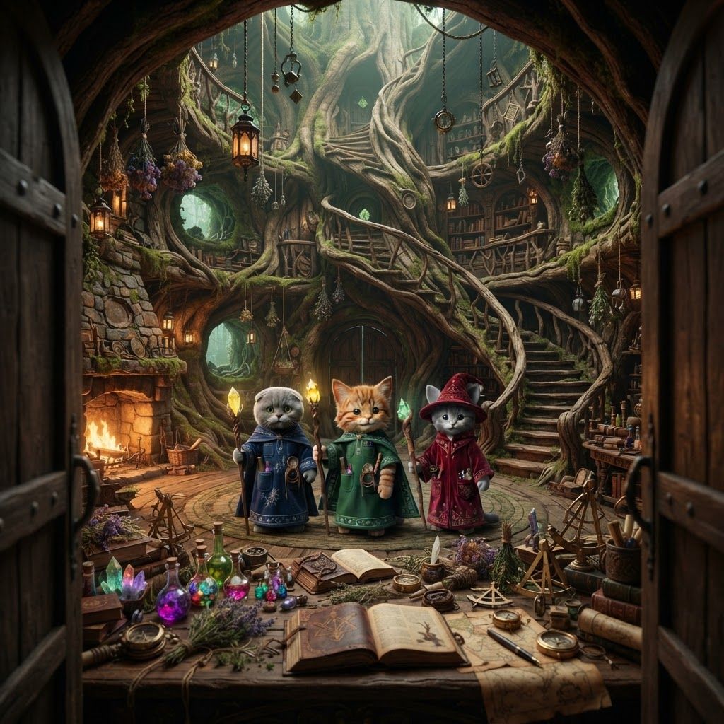 AI Design for 🌳 1. Main Entrance Hall — “Welcome to Wizard's Hollow”
PHOTOREALISTIC LIVE-ACTION DARK-FANTASY FILM STILL. The enormous interior entrance hall of Wizard's Hollow, a magical home built inside a gigantic ancient hollow tree in Elderwood. The room is spacious despite being inside the tree, with enormous curved living-wood walls, exposed roots, moss, vines and natural wooden textures.
Huge double wooden doors are visible behind the viewer's perspective, while the room opens into a grand circular chamber. Three bipedal cat wizards—Walthazar Embermane, Jonathan Bartle Gergenrath and Bartholomew Crumpet—stand naturally together near the center, welcoming visitors.
The room contains a beautiful combination of all three wizards' belongings: colorful potion bottles, books, herbs, crystals, scientific instruments, strange containers, maps, scrolls, candles and magical curiosities. Herbs, lanterns, dried flowers and small objects hang from the ceiling. A large wooden table occupies the center, surrounded by stools and chairs.
A magnificent spiral staircase made from living wood winds upward around the inside of the tree trunk. Small balconies and shelves are built into the walls around it.
Warm fireplace and lantern light illuminate the room, with soft green light filtering through small openings in the tree.
Photorealistic, realistic feline fur and anatomy, realistic wood grain, moss, fabric, glass and stone, cinematic depth of field, subtle film grain, natural practical lighting, high-budget live-action dark-fantasy cinematography. No cartoon, illustration, anime or 3D animation.