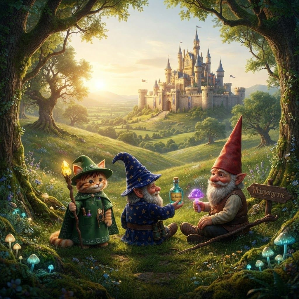 AI Design for Make these three characters sit on a hill and you're like a forest looking at like a beautiful Castle