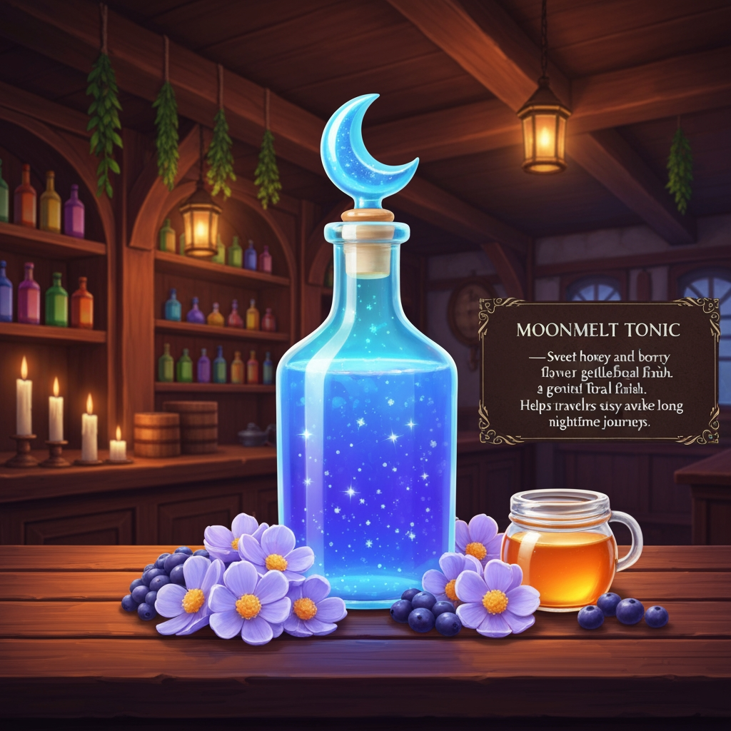 AI Design for 🍹 1. Moonmelt Tonic
Prompt:
A beautifully presented fantasy potion called Moonmelt Tonic displayed prominently on a wooden tavern counter inside the cozy Bushwhack Tavern in Elderwood. The drink is a vivid luminous blue-purple color with tiny silver sparkling particles floating through it, served in a charming glass bottle with a crescent-moon-shaped stopper. Around the bottle are Moonmelt Blossoms, Silverdew Berries and a small jar of golden honey. Warm tavern lanterns, wooden beams, shelves of colorful bottles, hanging herbs and soft candlelight in the background. The drink is perfectly centered and completely visible, colorful and visually striking. Include an elegant fantasy information placard beside it reading: MOONMELT TONIC — Sweet honey and berry flavor with a gentle floral finish. Helps travelers stay awake during long nighttime journeys. Cinematic realistic woodland fantasy, vibrant colors, handcrafted medieval aesthetic, beautiful atmospheric lighting.